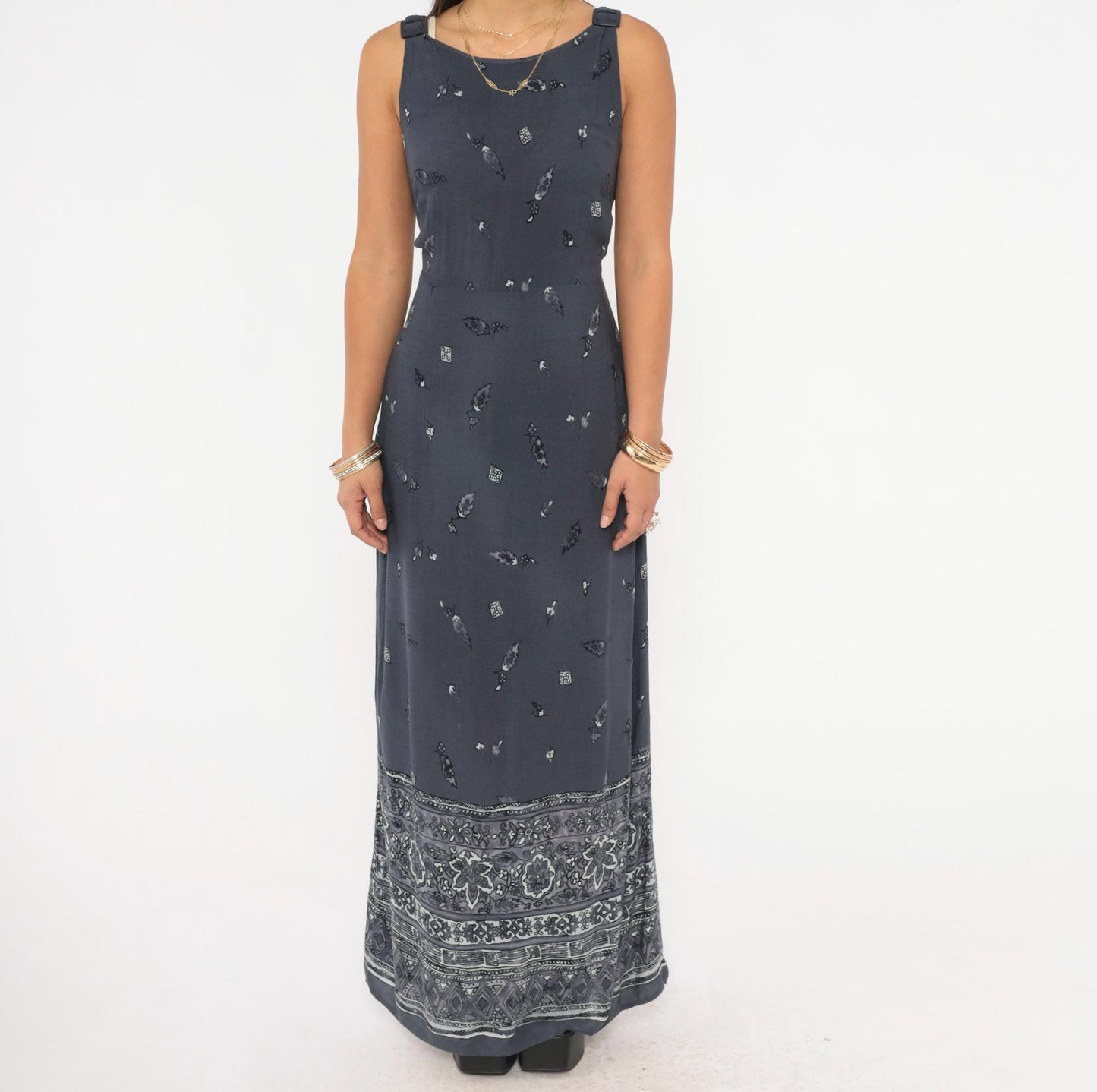 90s CDC Grey Floral Maxi Dress Tie Back Tank Small S