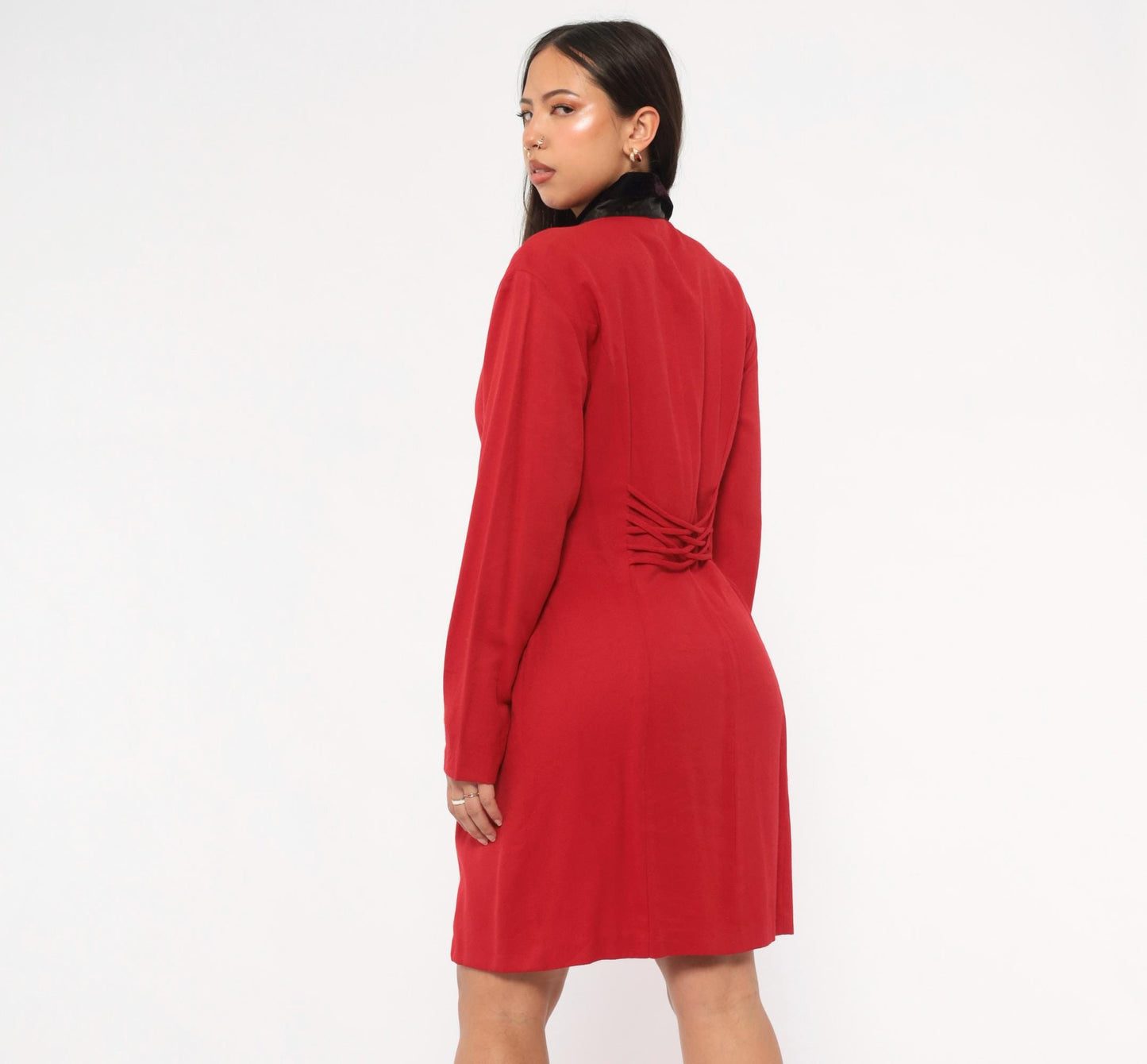 90s Scarlett Red Double Breasted Blazer Dress Velvet Collar Knee Length Small
