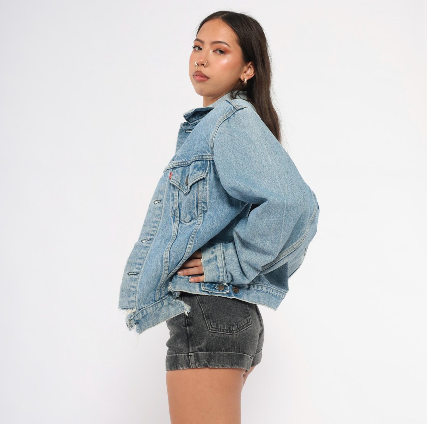 70s Levis Trucker Jacket Light Blue Denim Cotton Button Front Medium