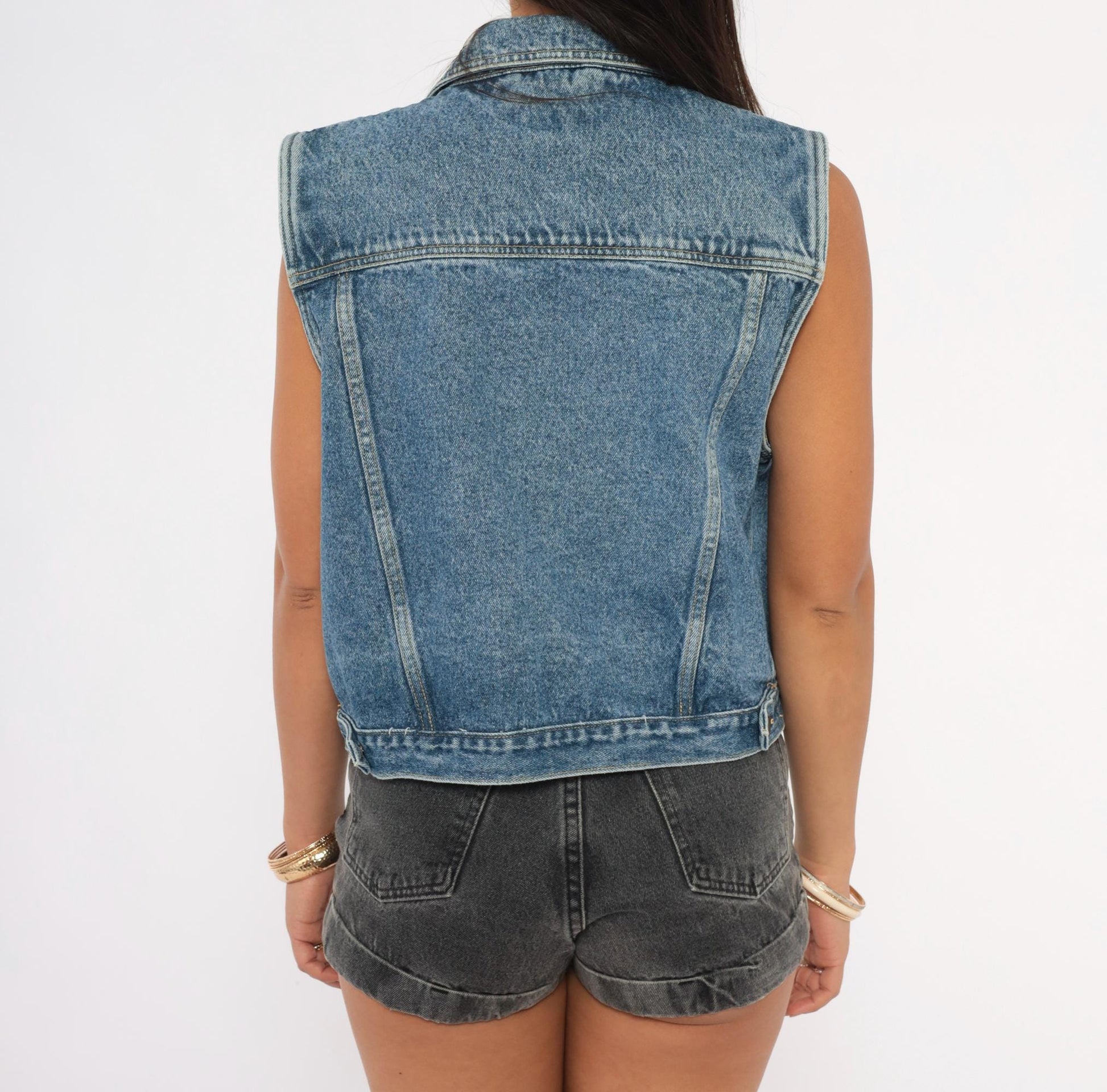 90s Greatland Denim Vest Blue Medium Wash Cotton Spread Collar