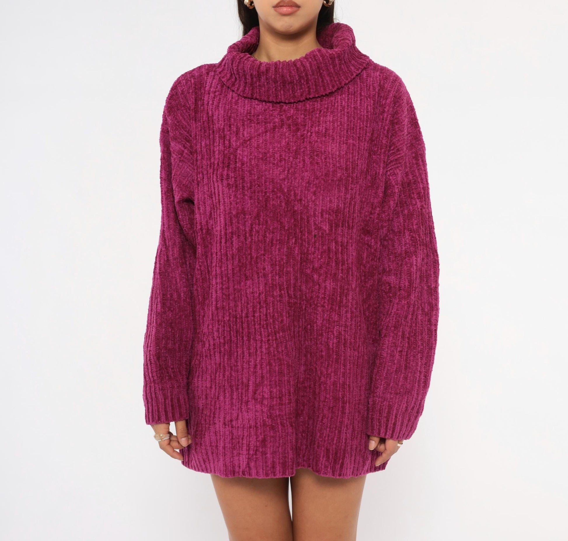 80s Knitwear Magenta Chenille Turtleneck Ribbed Knit Sweater Large L