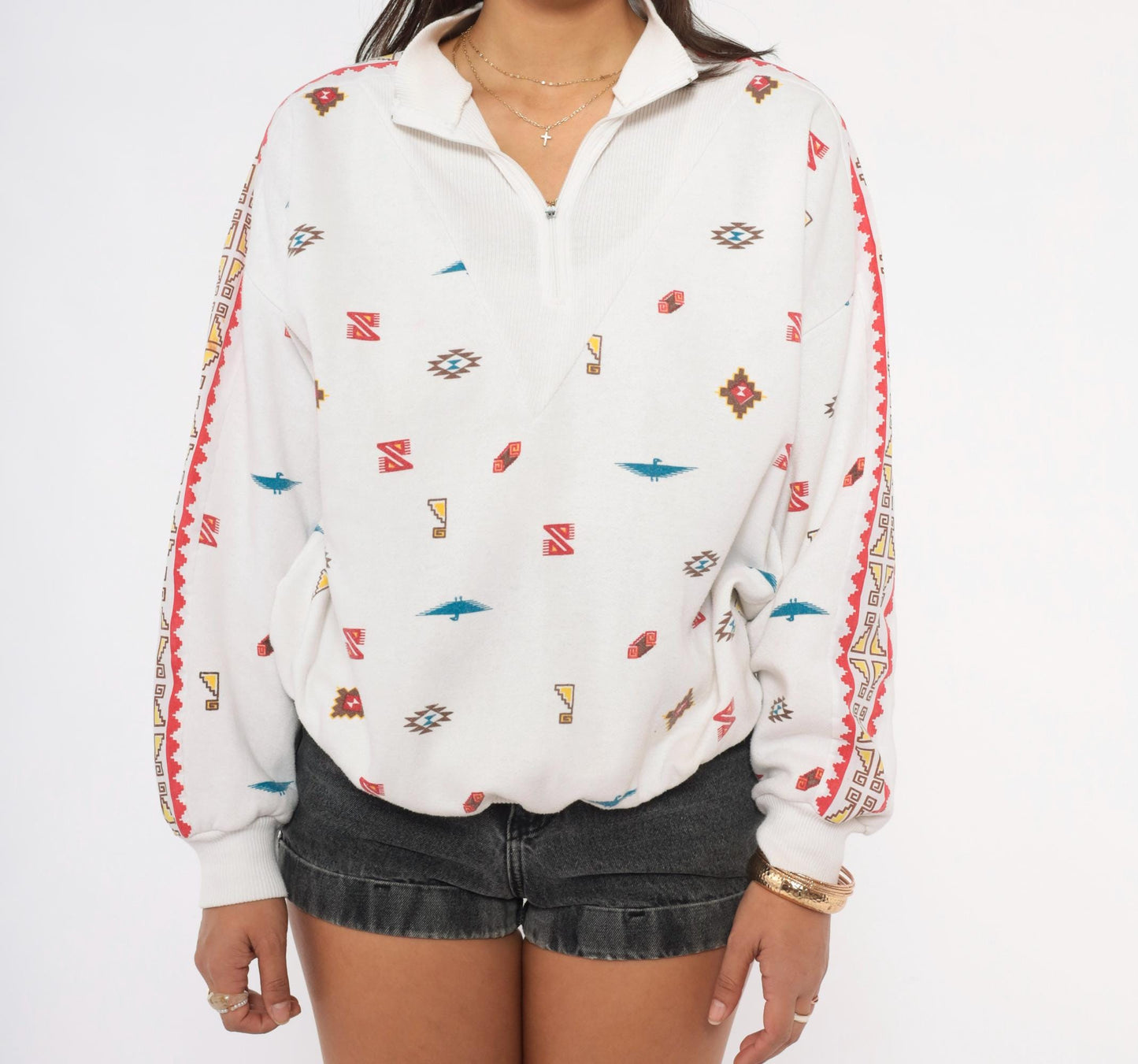 90s Steppingstones Southwestern Quarter-Zip Pullover White Thunderbird Large L