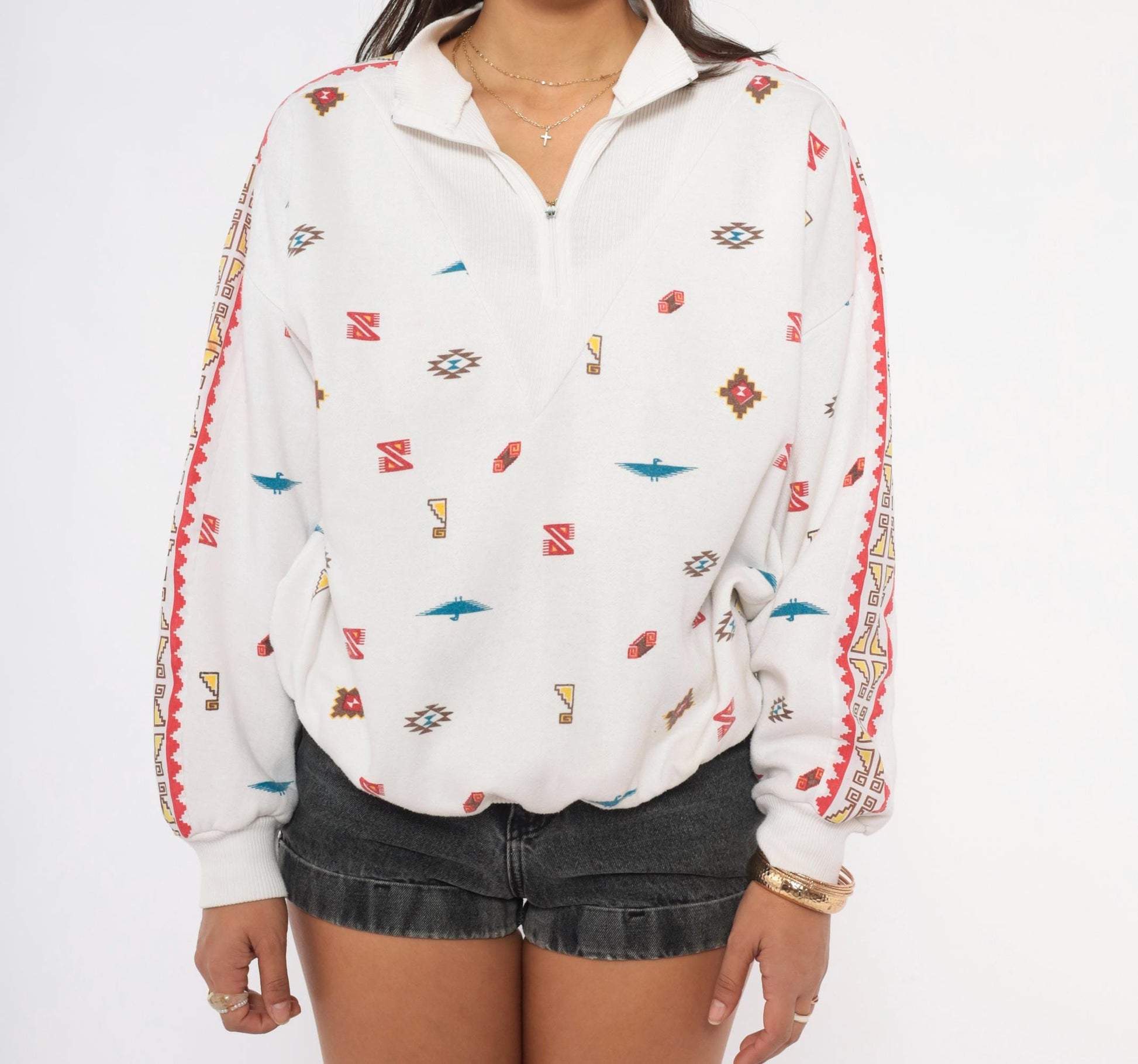 90s Steppingstones Southwestern Quarter-Zip Pullover White Thunderbird Large L