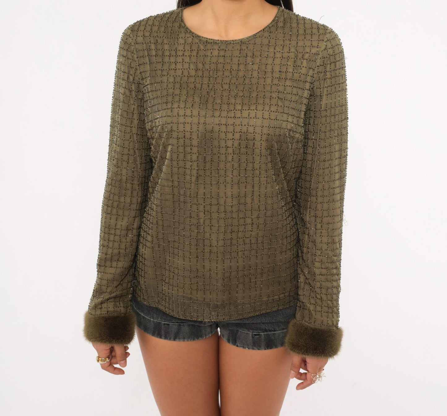 2000s Chetta B Olive Beaded Mesh Top Fur Cuff Blouse Medium M