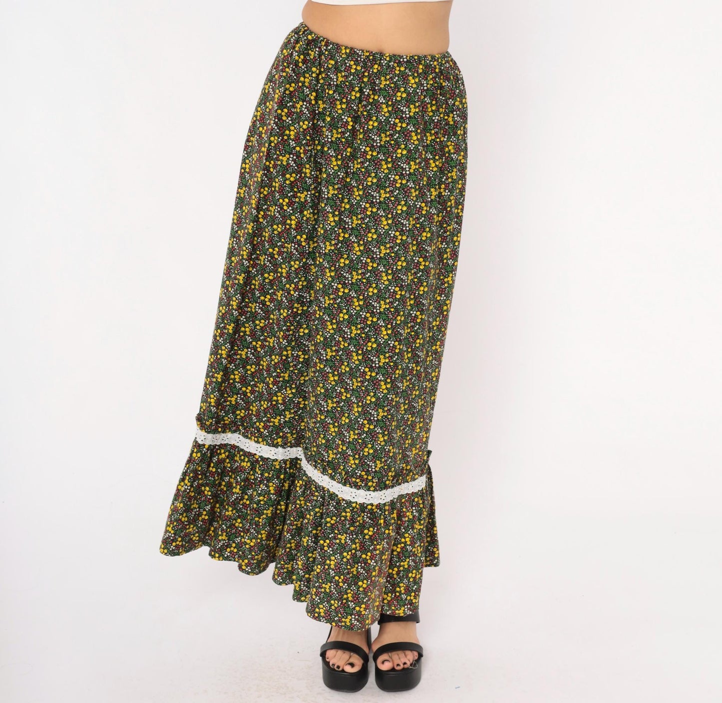 70s Black Ditsy Floral Maxi Skirt Cotton Ruffle Eyelet Lace Trim Extra Small