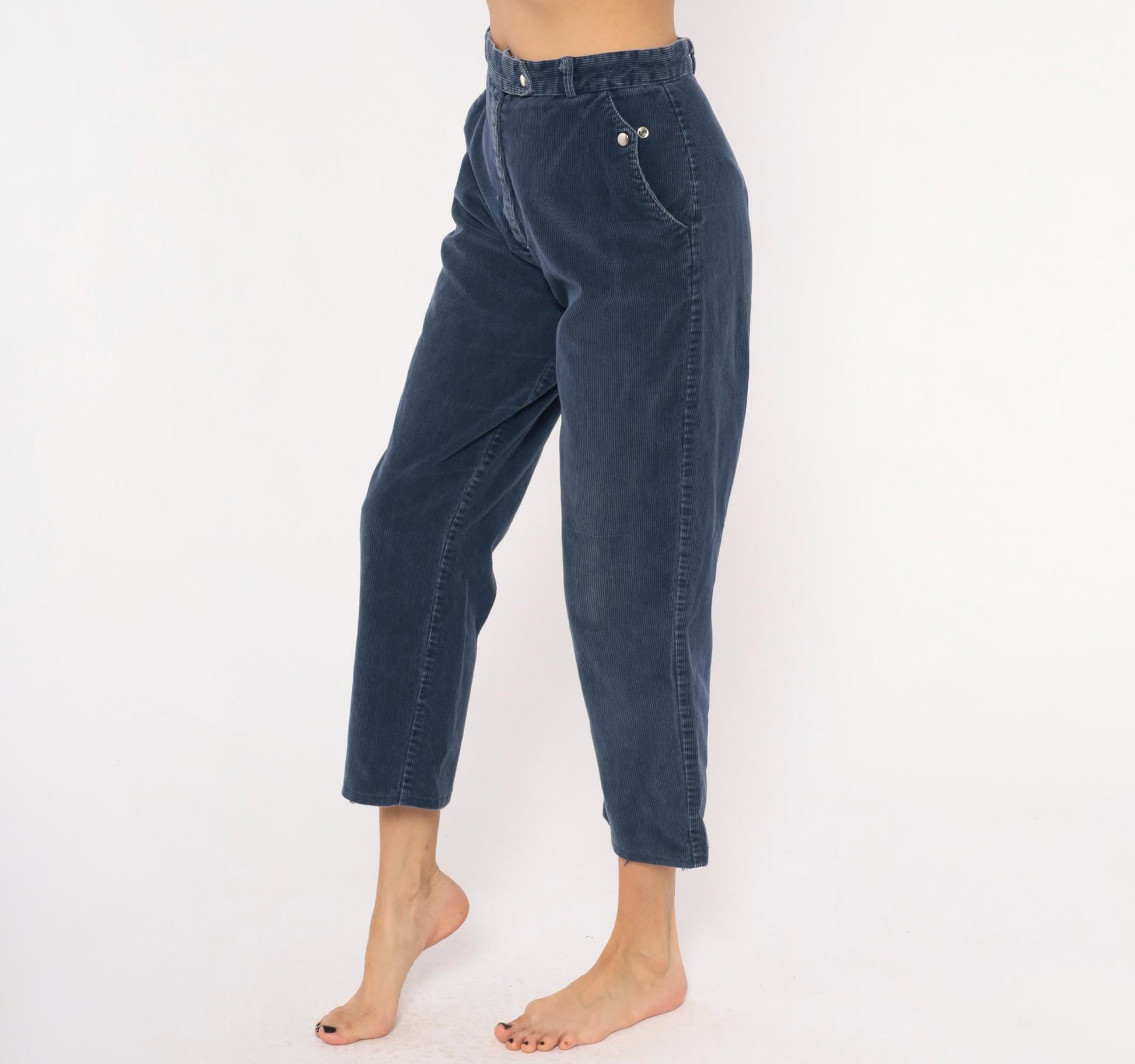 80s Tomboy Navy Corduroy Trousers High Waist Cropped Straight Leg Small