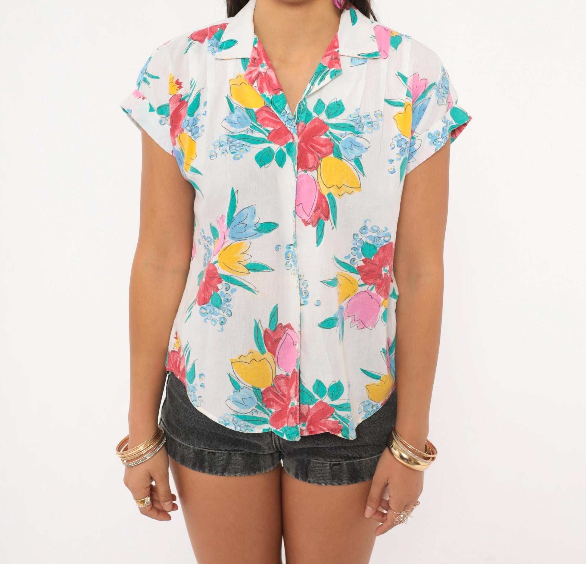 80s Cabrais Floral Button-Up Blouse White Camp Collar Cotton Medium M