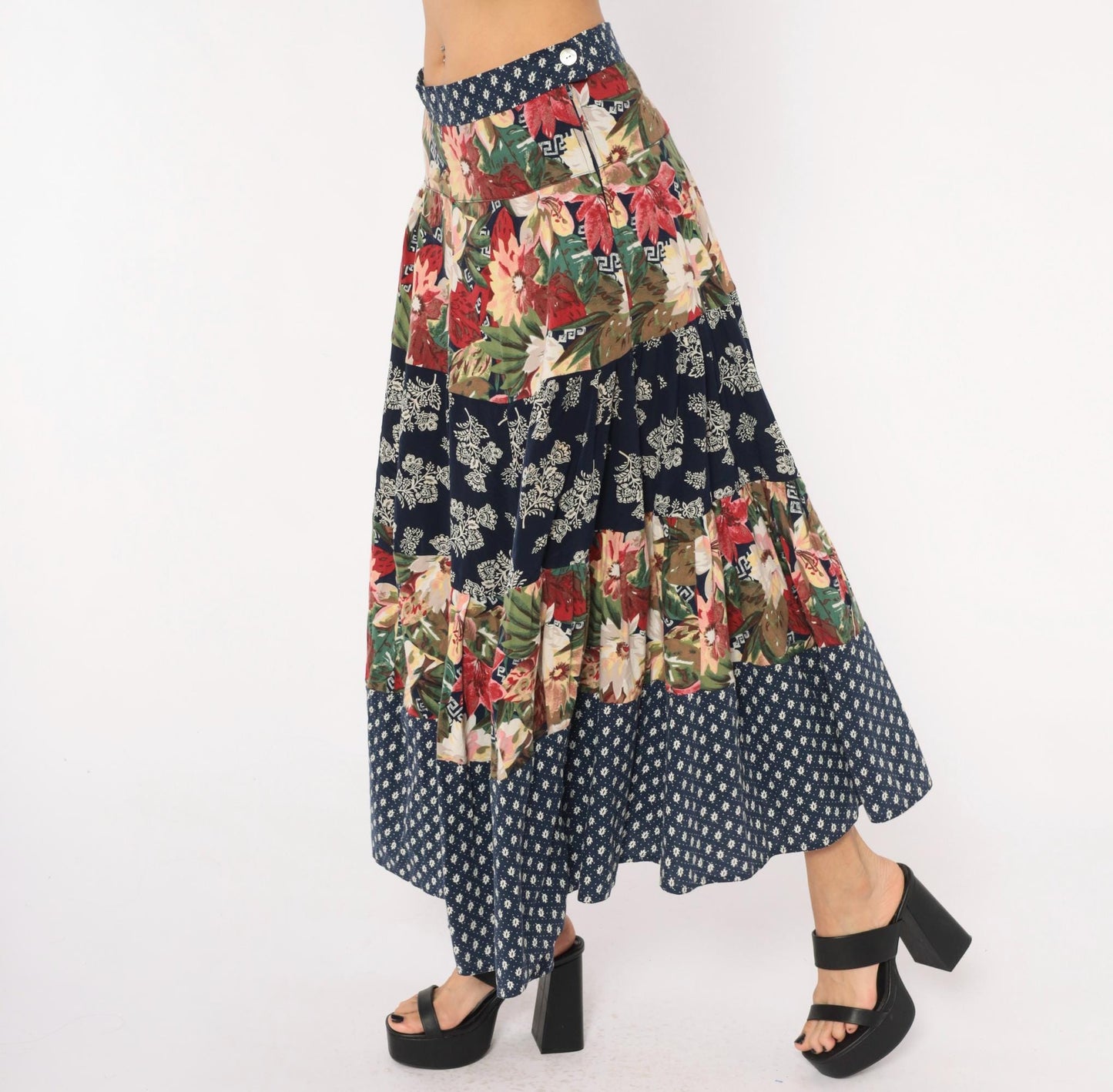 80s Patchwork Tiered Midi Skirt Floral Navy Cotton Medium M