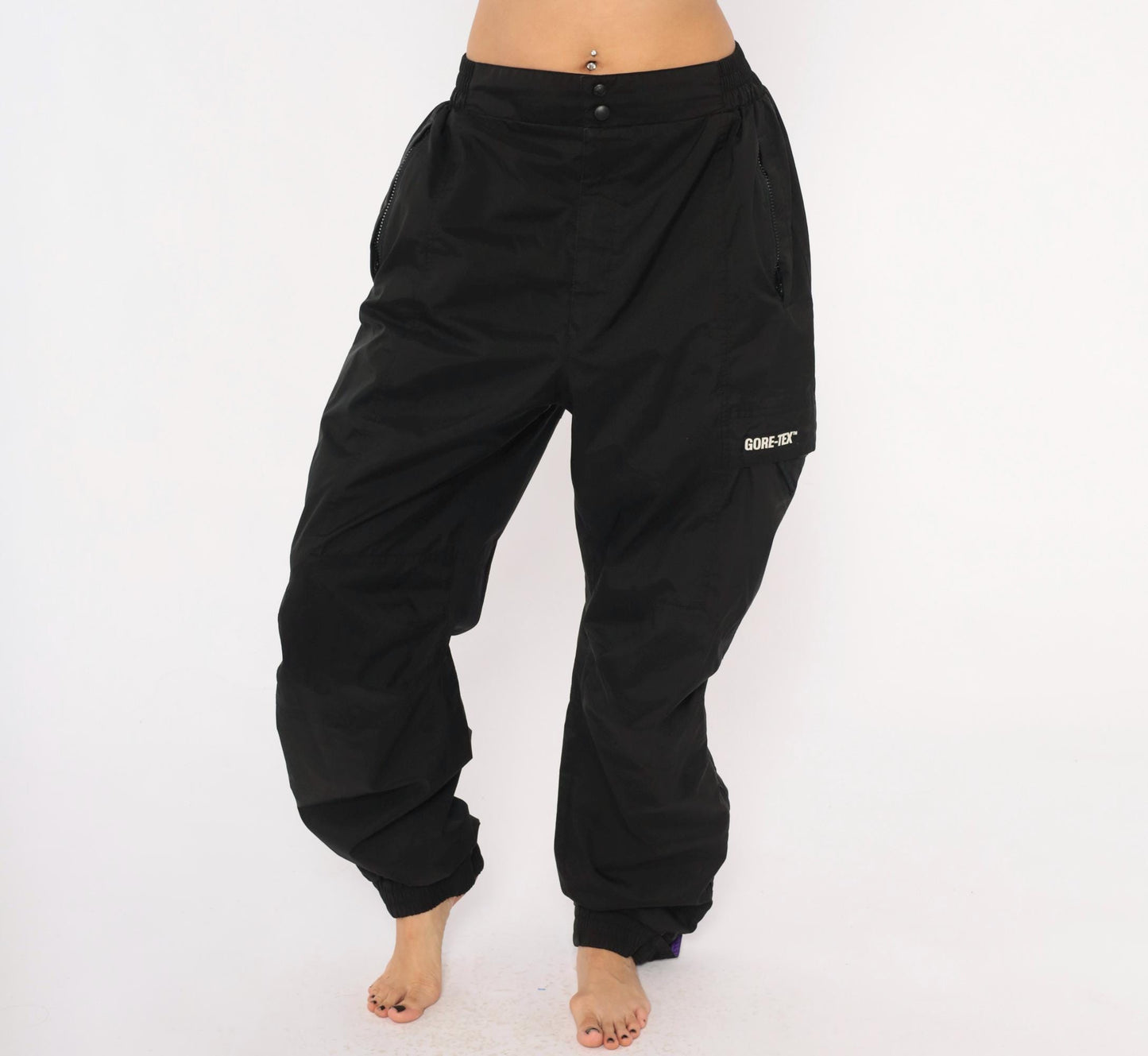 2000s Gore-Tex Black Nylon Shell Pants Cargo Pocket Snap Waist Large L