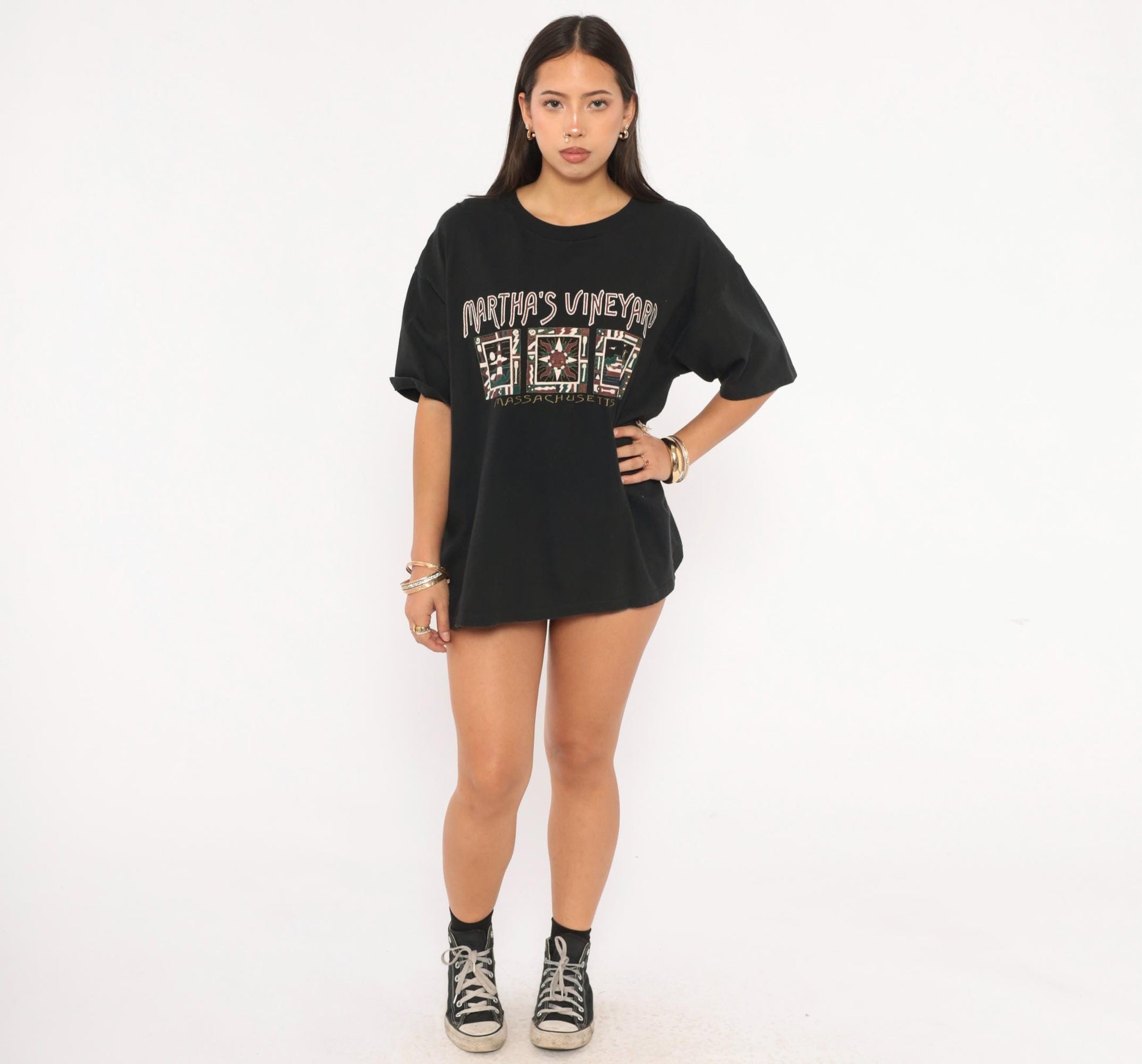 90s Martha's Vineyard Massachusetts Graphic Tee Black Cotton Oneita Large L