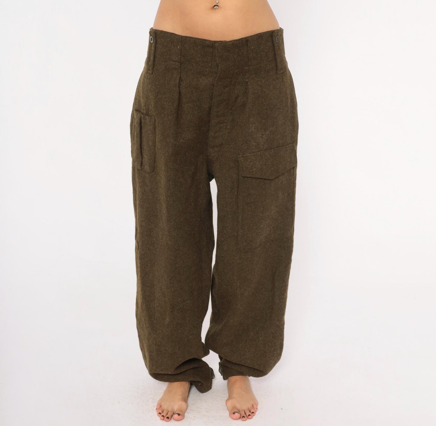 1950s Motecht Wool Military Trousers Olive High Rise Cargo Pants 34x31