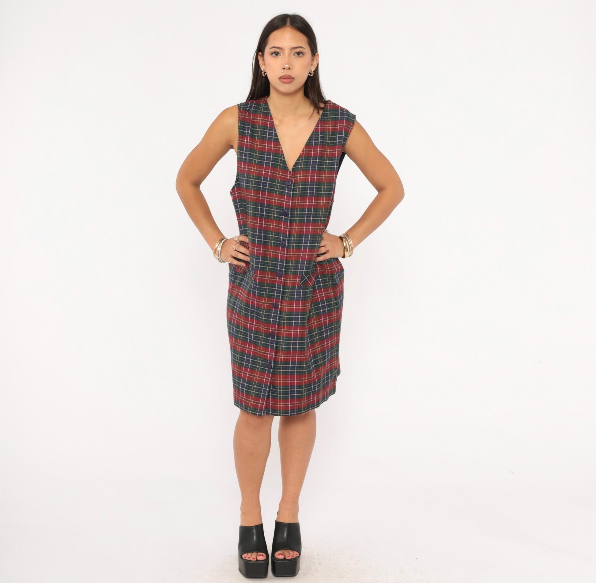 90s Baxter Wells Plaid Jumper Dress Navy Red Green Tartan Knee-Length Large L