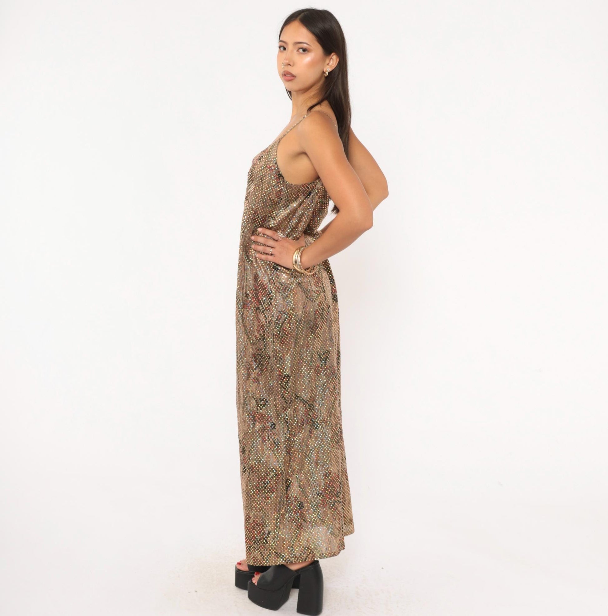 90s Metallic Shimmer Maxi Slip Dress Tan Burgundy Floral Gold Spaghetti Strap Large L