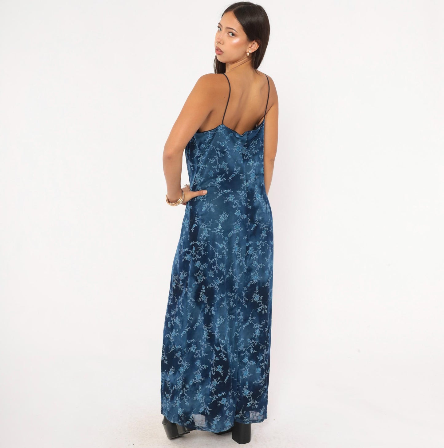 90s Jodi Michaels Navy Floral Maxi Slip Dress Glitter Sweetheart Neckline Large L
