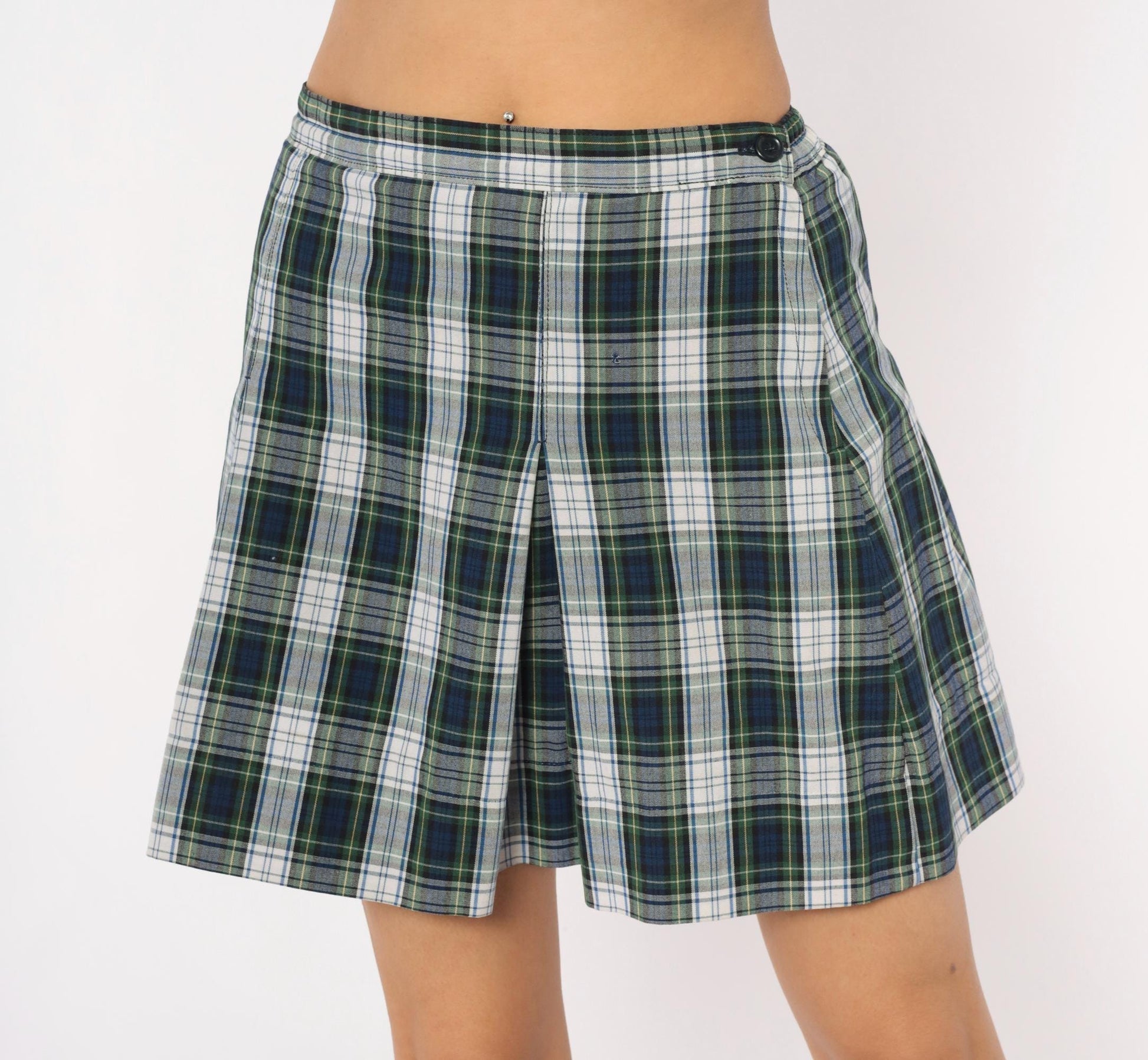 80s Donalds Navy Green Plaid Pleated Skort Tartan Mini Small S