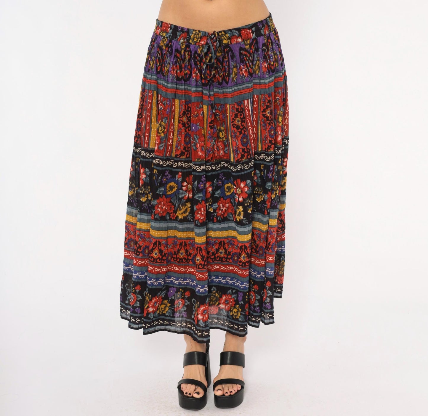 90s Phool Tiered Maxi Skirt Floral Geometric Print Cotton Plus Size 3X