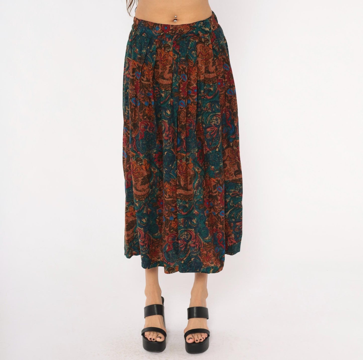 80s Ambiance New York Paisley Pleated Midi Skirt Teal Rust Small