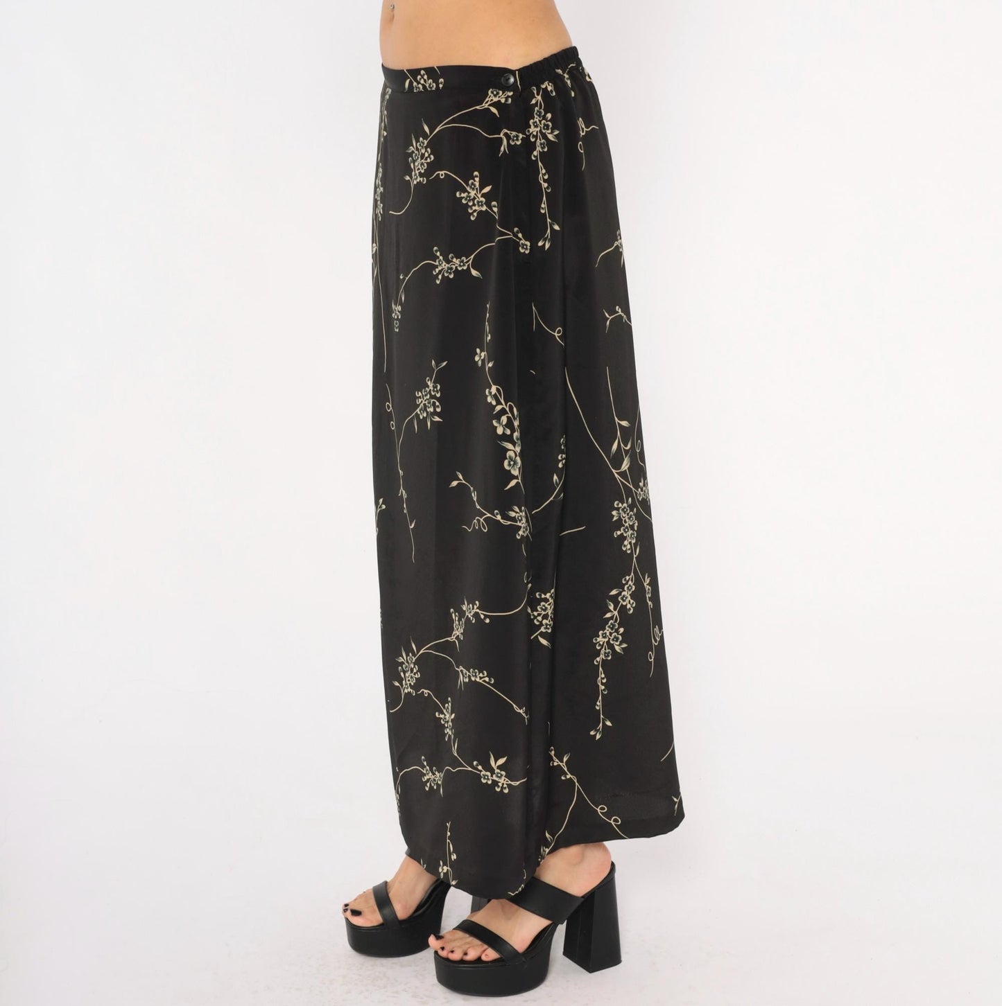 90s Studio C Cherry Blossom Maxi Skirt Black Tan Floral Elastic Waist Extra Large