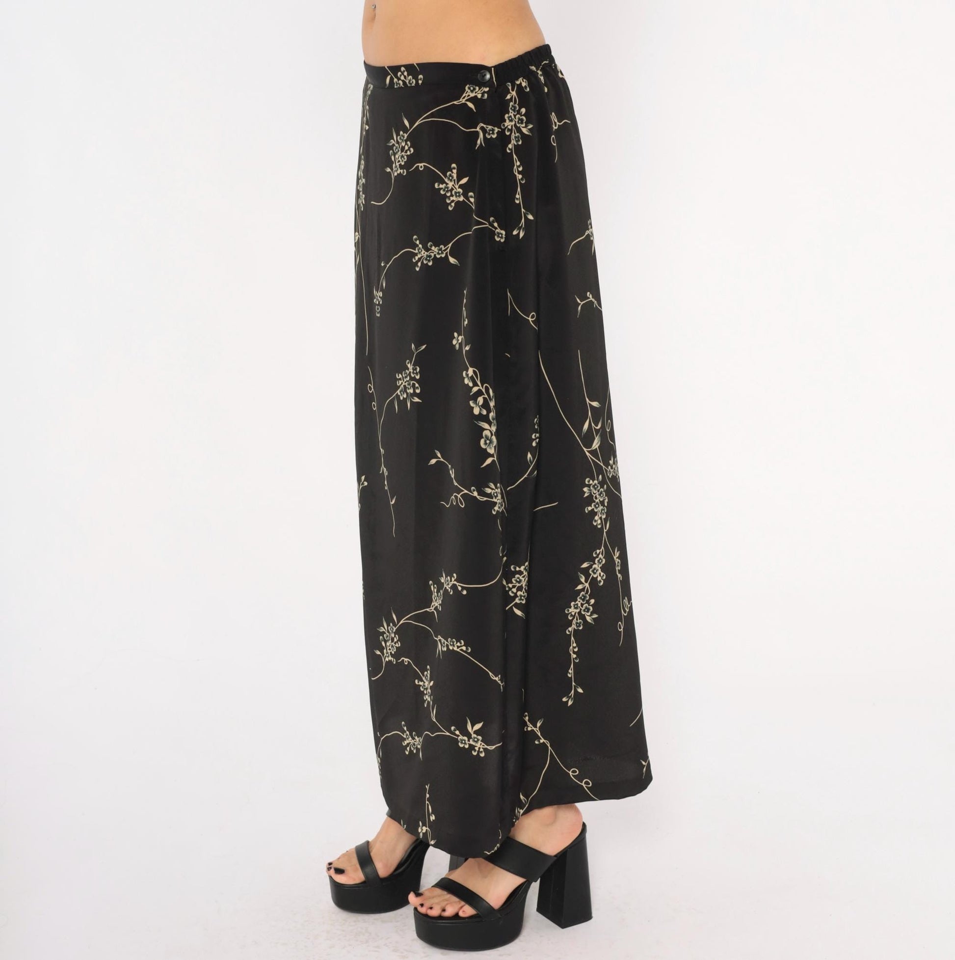 90s Studio C Cherry Blossom Maxi Skirt Black Tan Floral Elastic Waist Extra Large