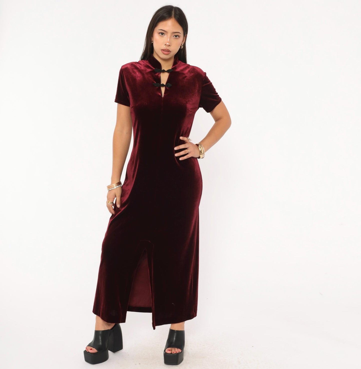 90s Dressing Clio Burgundy Velvet Cheongsam Maxi Dress Mandarin Collar Medium M