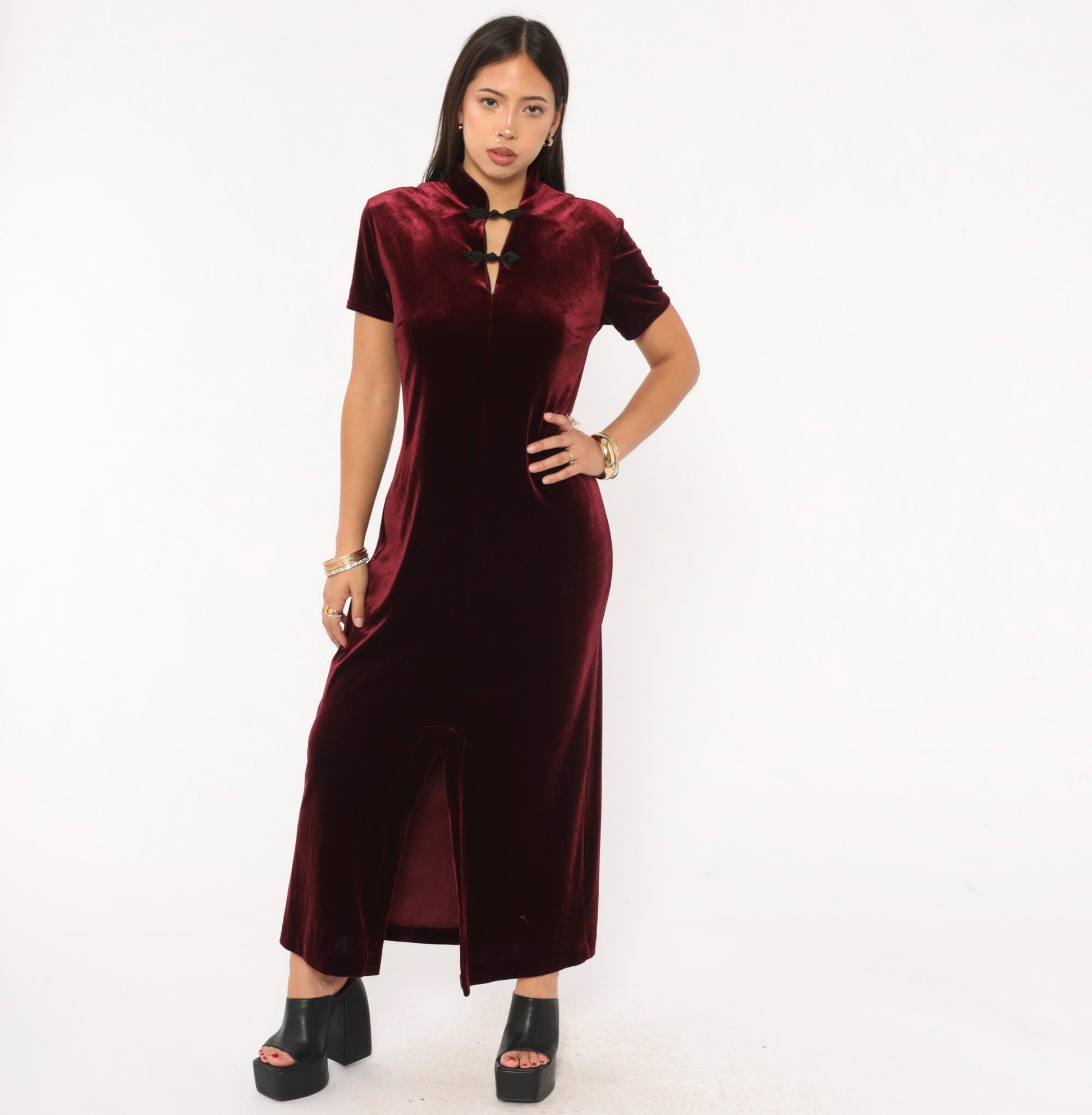 90s Dressing Clio Burgundy Velvet Cheongsam Maxi Dress Mandarin Collar Medium M