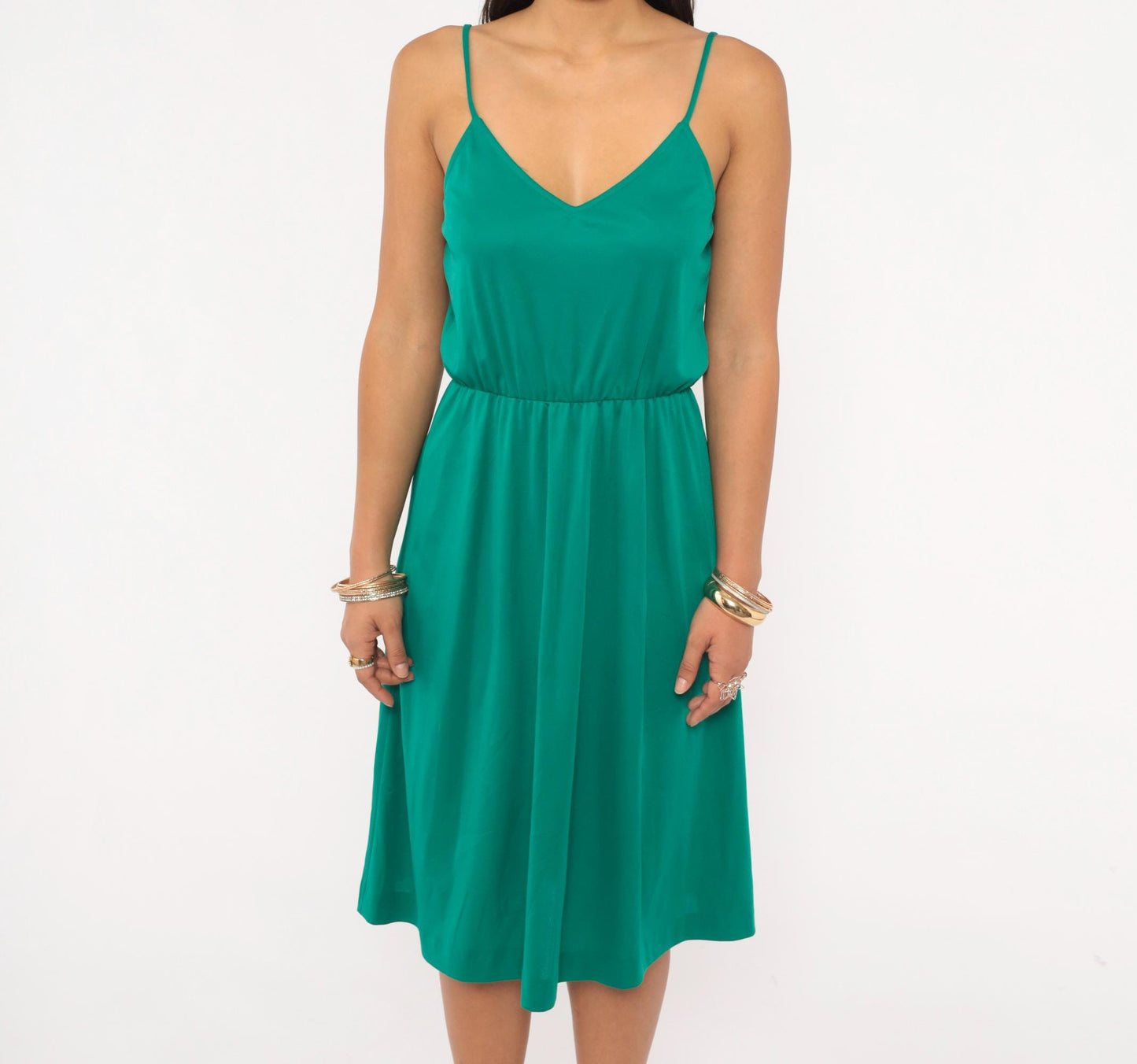 70s Teal Spaghetti Strap Sundress V Neck Gathered Waist Knee Length Extra Small