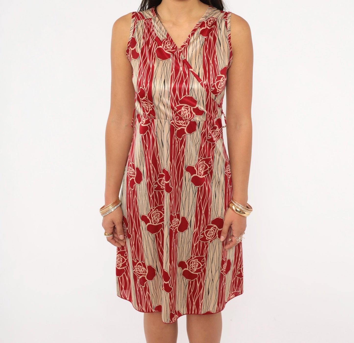 90s YS USA Rose Floral Dress Red Cream V Neck A Line Knee Length Small