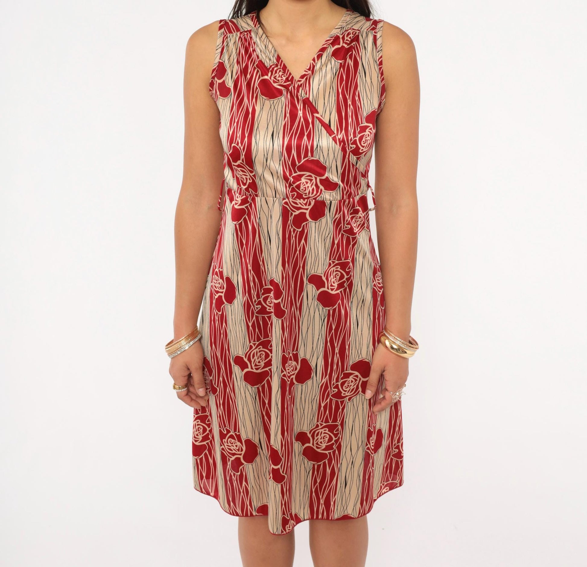 90s YS USA Rose Floral Dress Red Cream V Neck A Line Knee Length Small