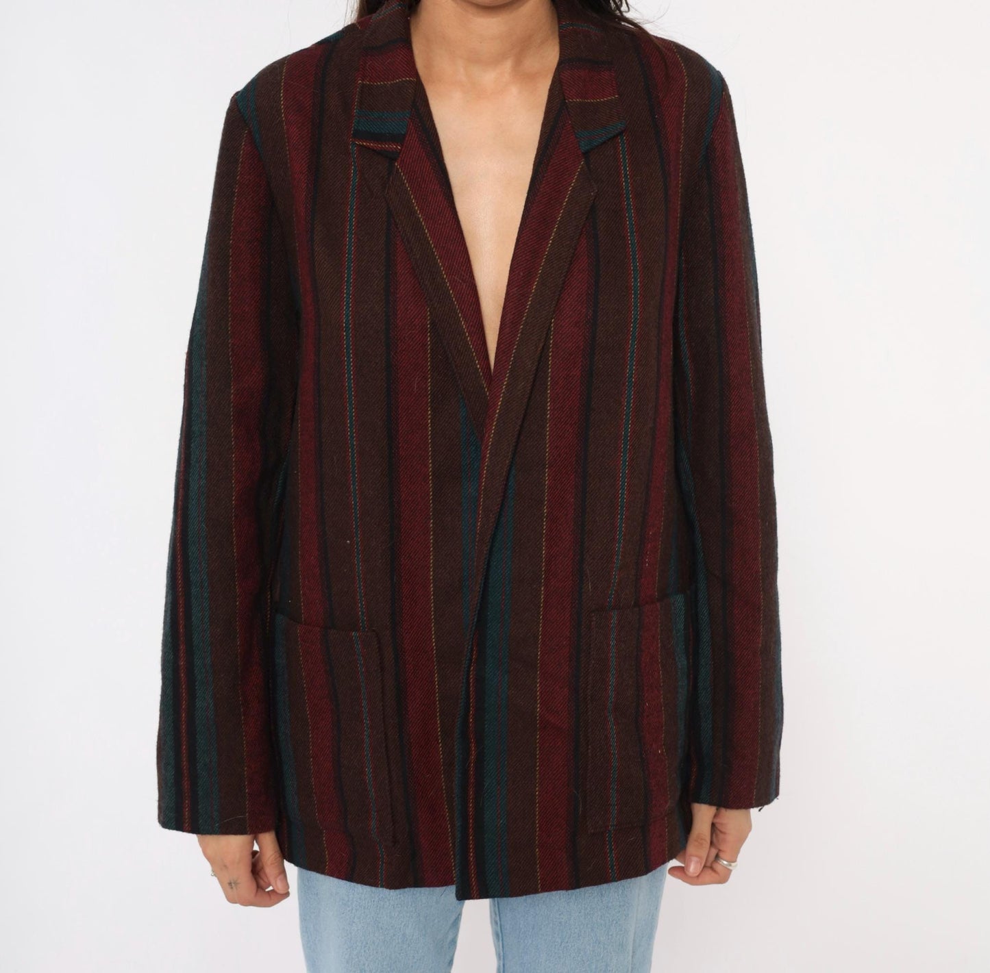 80s Koret Wool Blazer Burgundy Teal Striped Herringbone Notched Lapel Medium Large