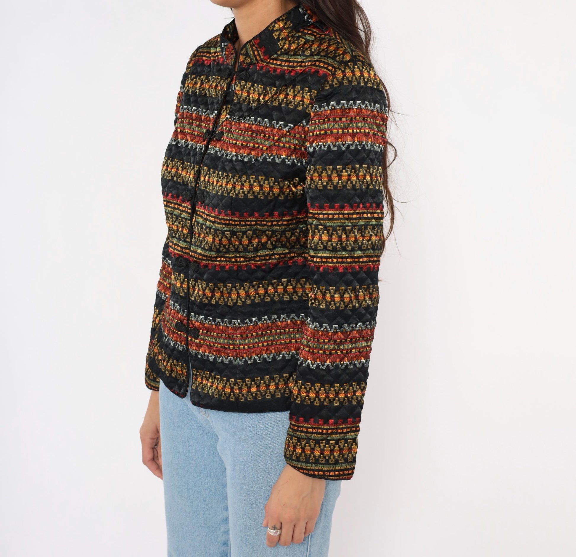 90s Juno Esque Quilted Jacket Mandarin Collar Tribal Stripe Black Gold Red Small