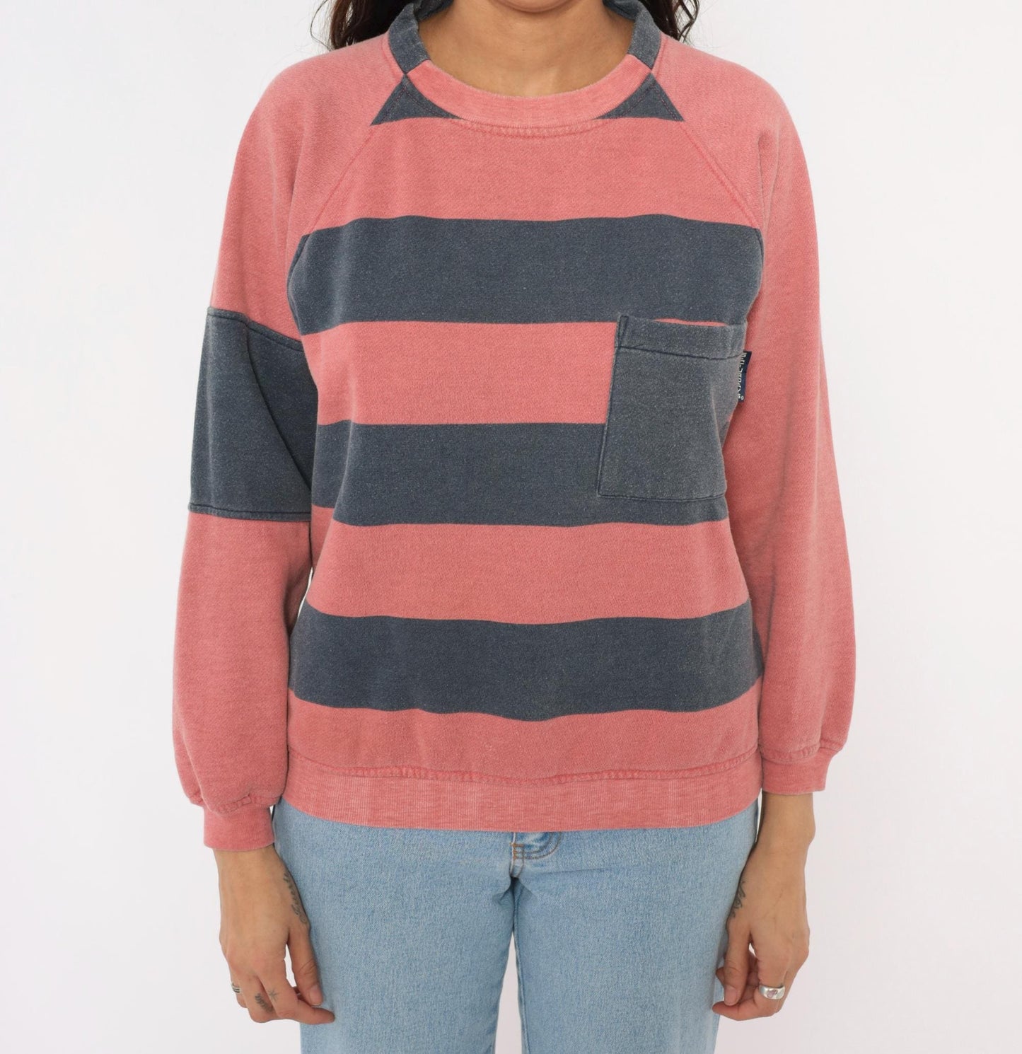 90s Saturdays Pink Navy Striped Rugby Sweatshirt Raglan Sleeve Medium