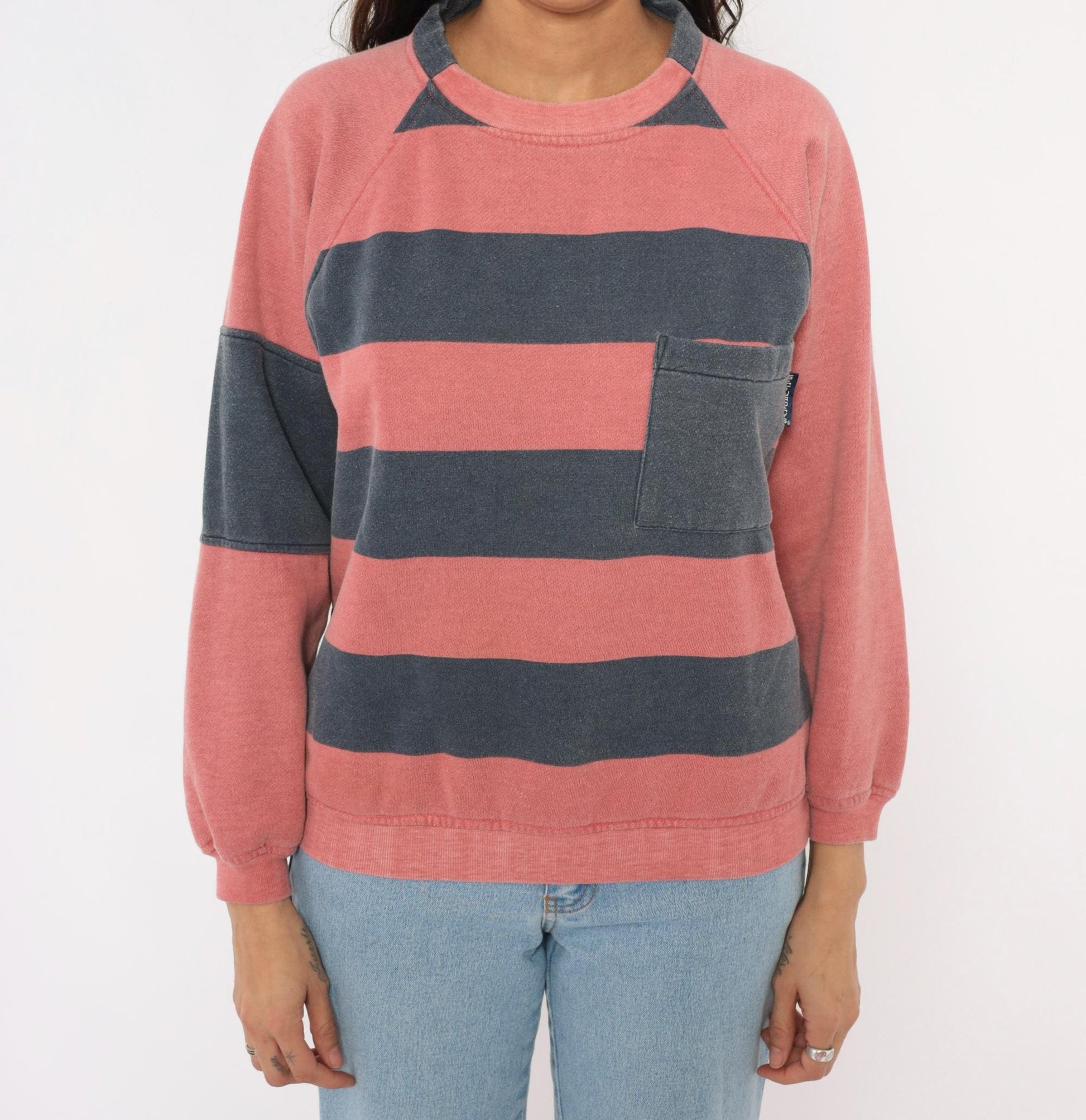 90s Saturdays Pink Navy Striped Rugby Sweatshirt Raglan Sleeve Medium
