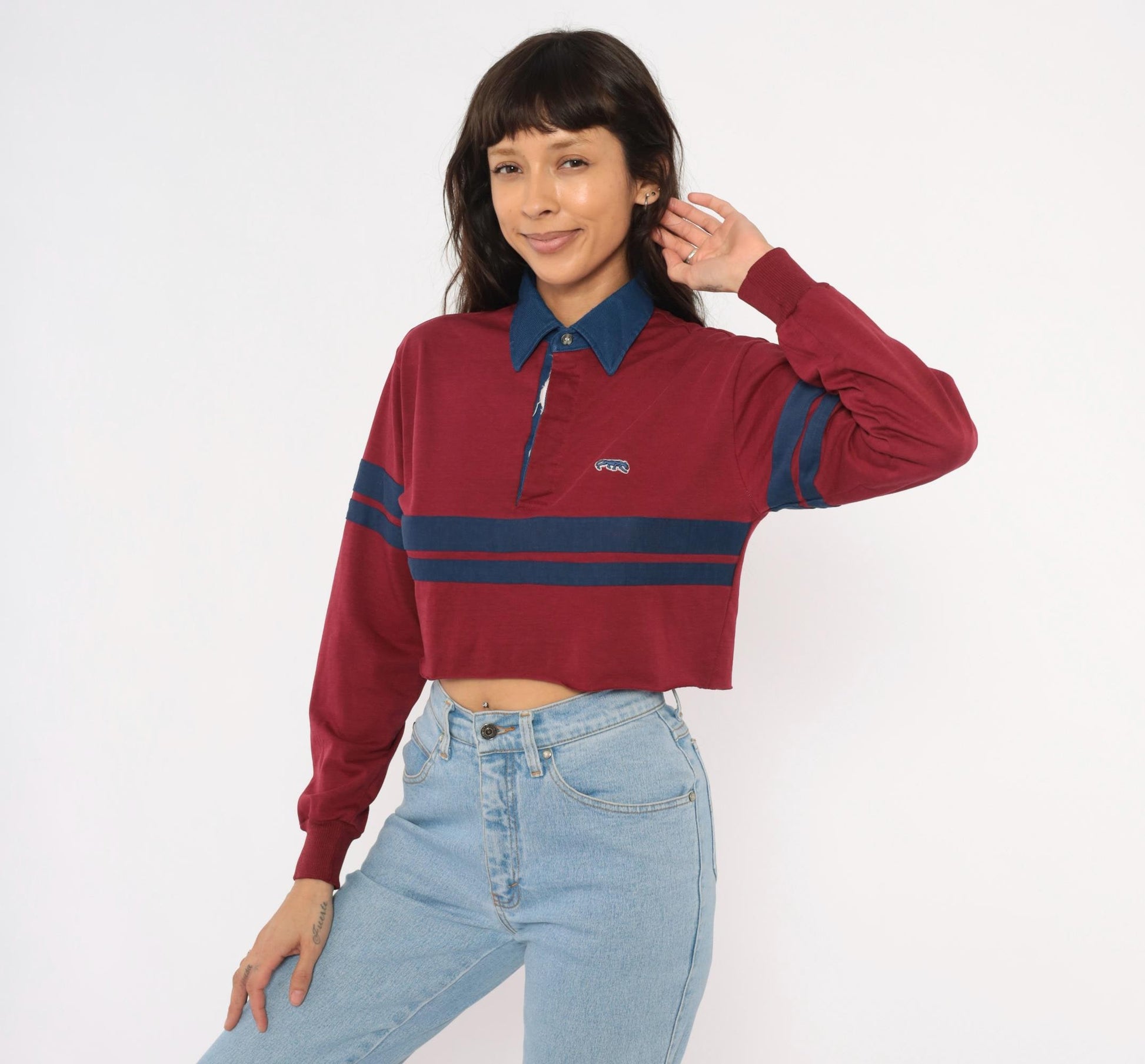80s Burgundy Navy Stripe Cropped Rugby Polo Cotton Small Medium