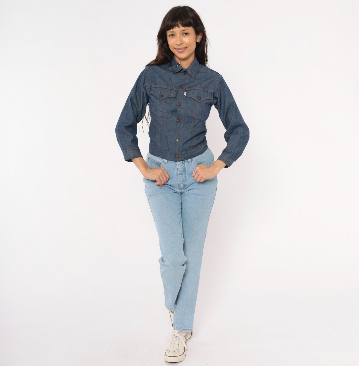 80s Levi's Denim Trucker Jacket Dark Indigo Snap Button Cropped Extra Small XS