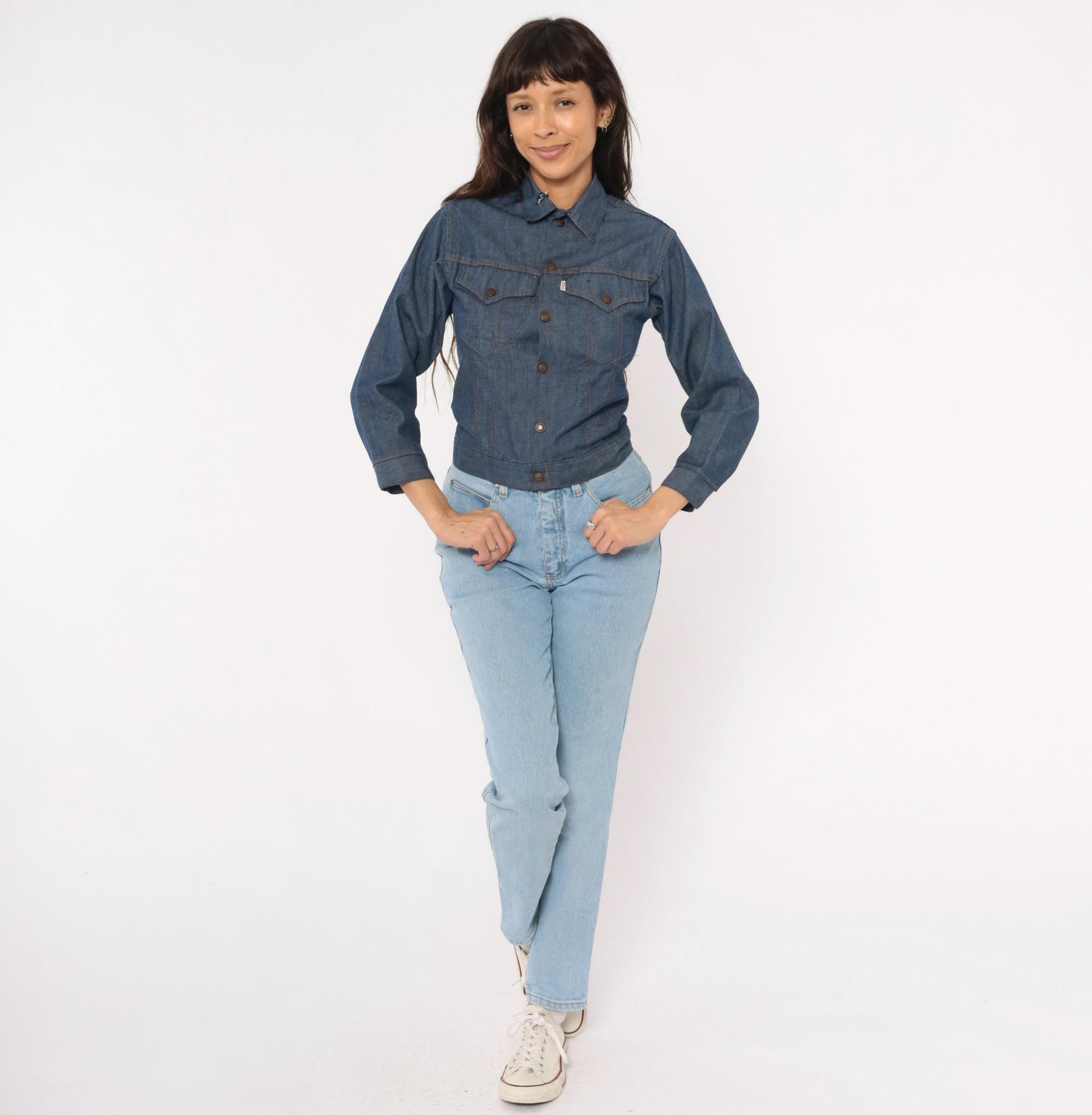 80s Levi's Denim Trucker Jacket Dark Indigo Snap Button Cropped Extra Small XS