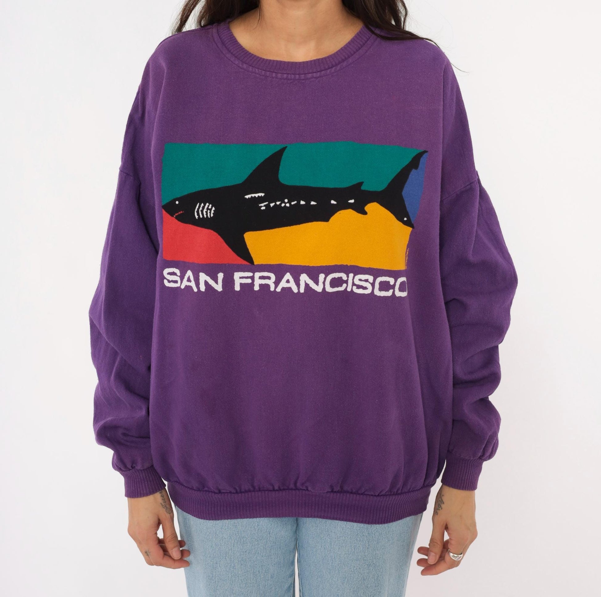 90s Crazy Shirt San Francisco Shark Colorblock Sweatshirt Purple Medium