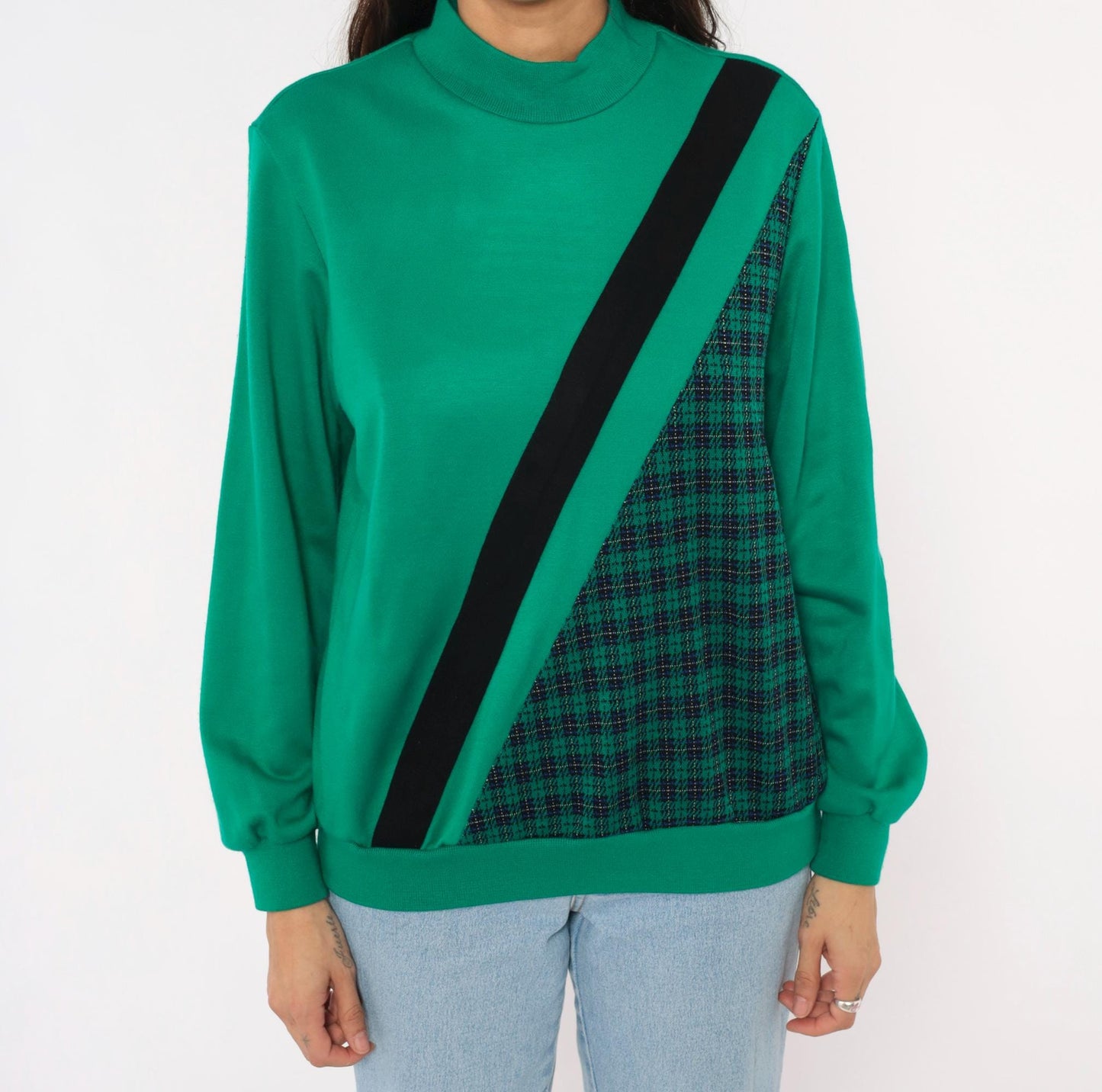 80s Alfred Dunner Mock Neck Sweatshirt Green Houndstooth Plaid Panel Small