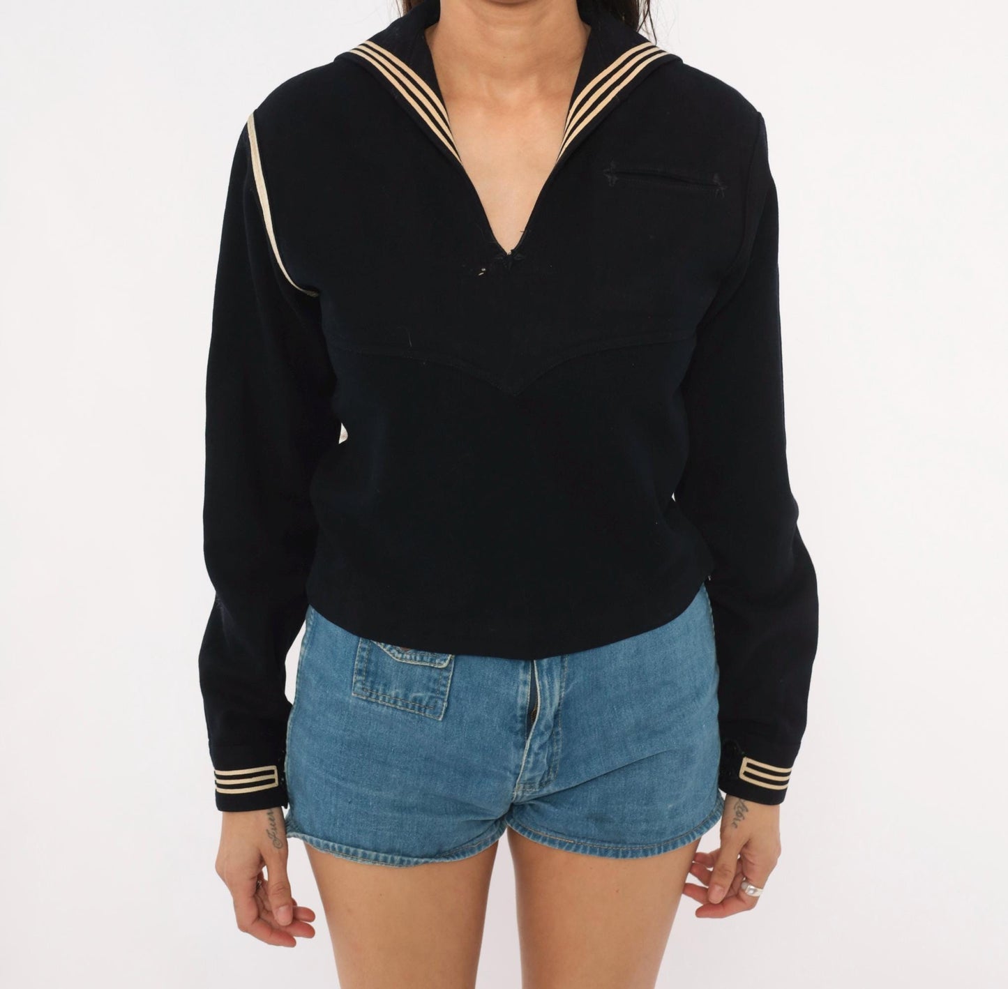 1940s Navy Wool Sailor Middy Blouse Embroidered Stars Small