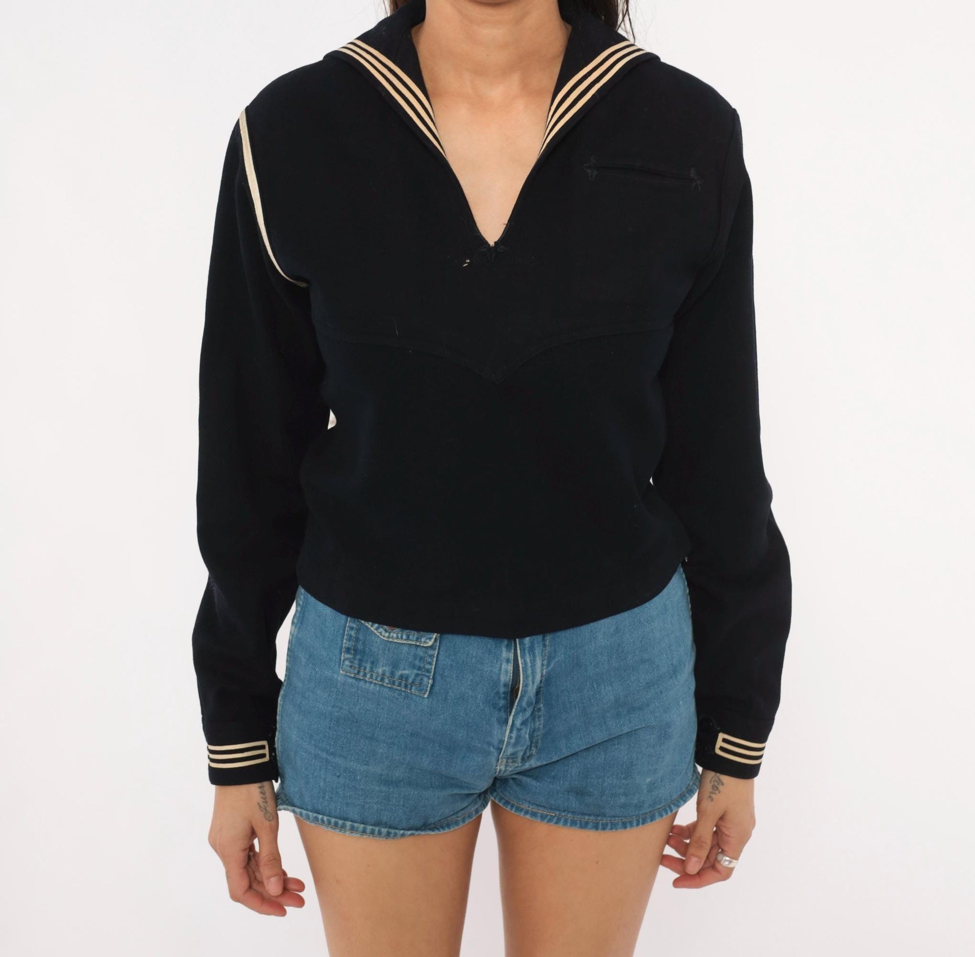 1940s Navy Wool Sailor Middy Blouse Embroidered Stars Small