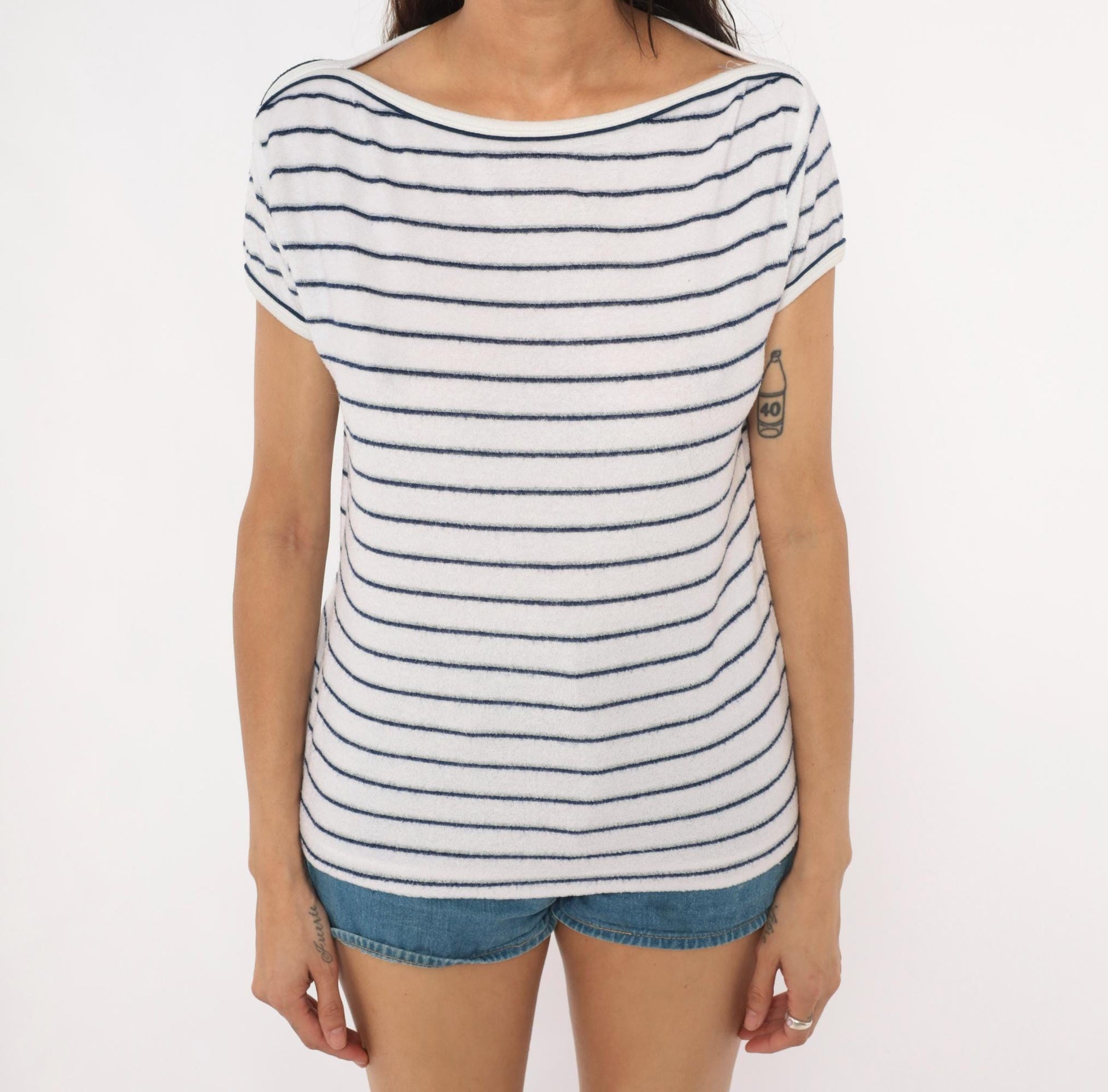 80s Catch One Striped Boat Neck Top White Navy Breton Knit Large L