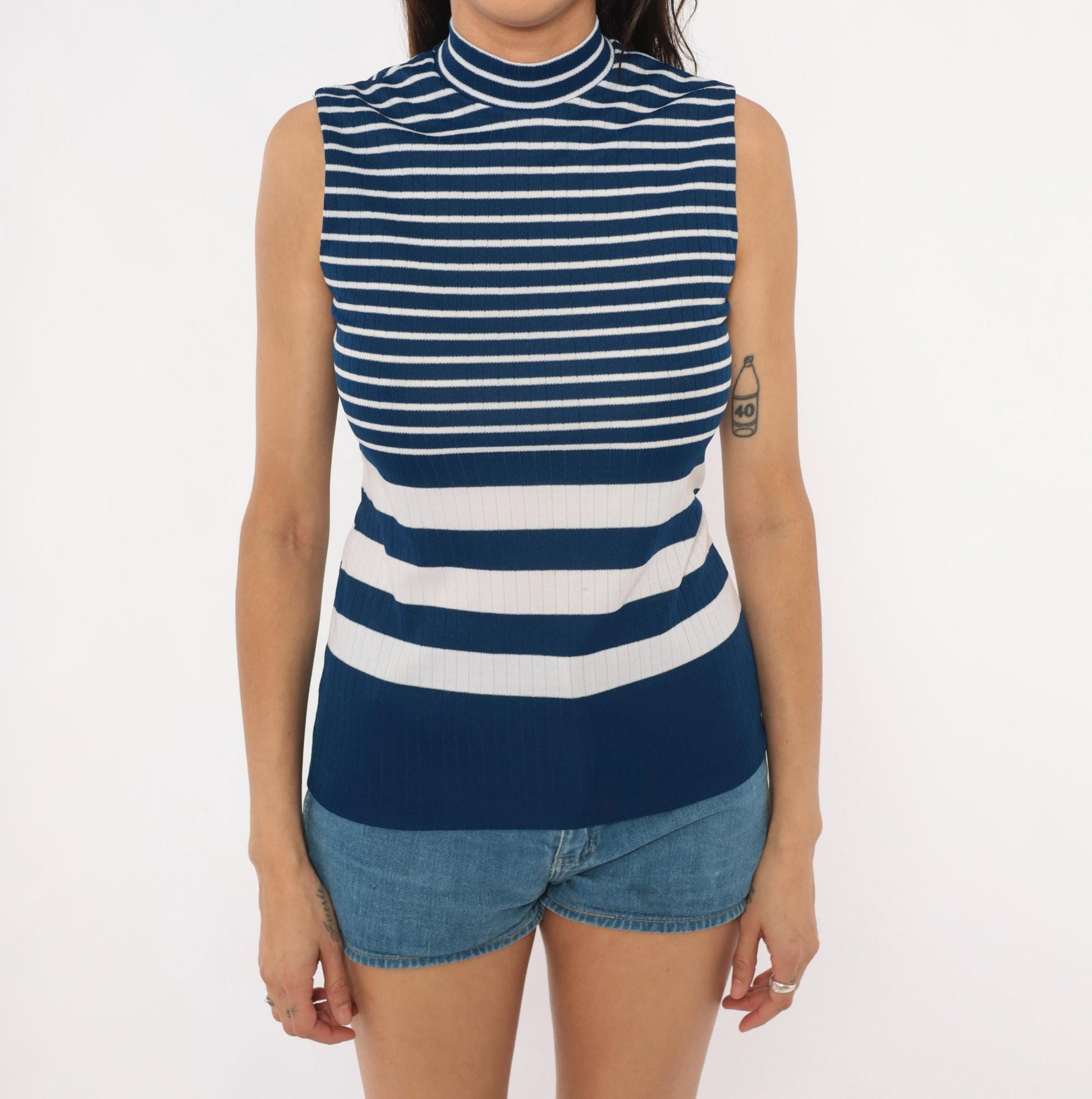 70s Navy White Striped Mock Neck Tank Ribbed Knit Sleeveless Top Small