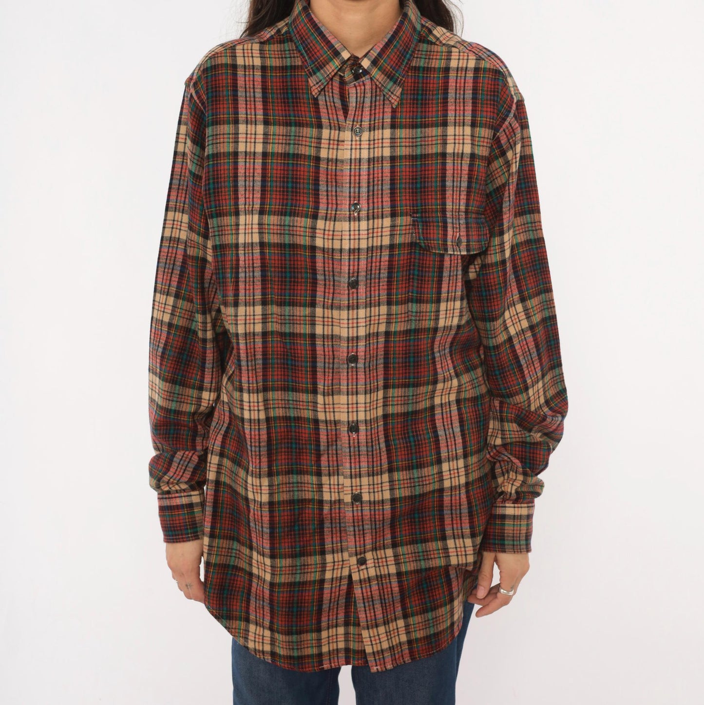 90s Enro Sportswear Plaid Flannel Shirt Burgundy Green Tartan Button-Up Large Tall