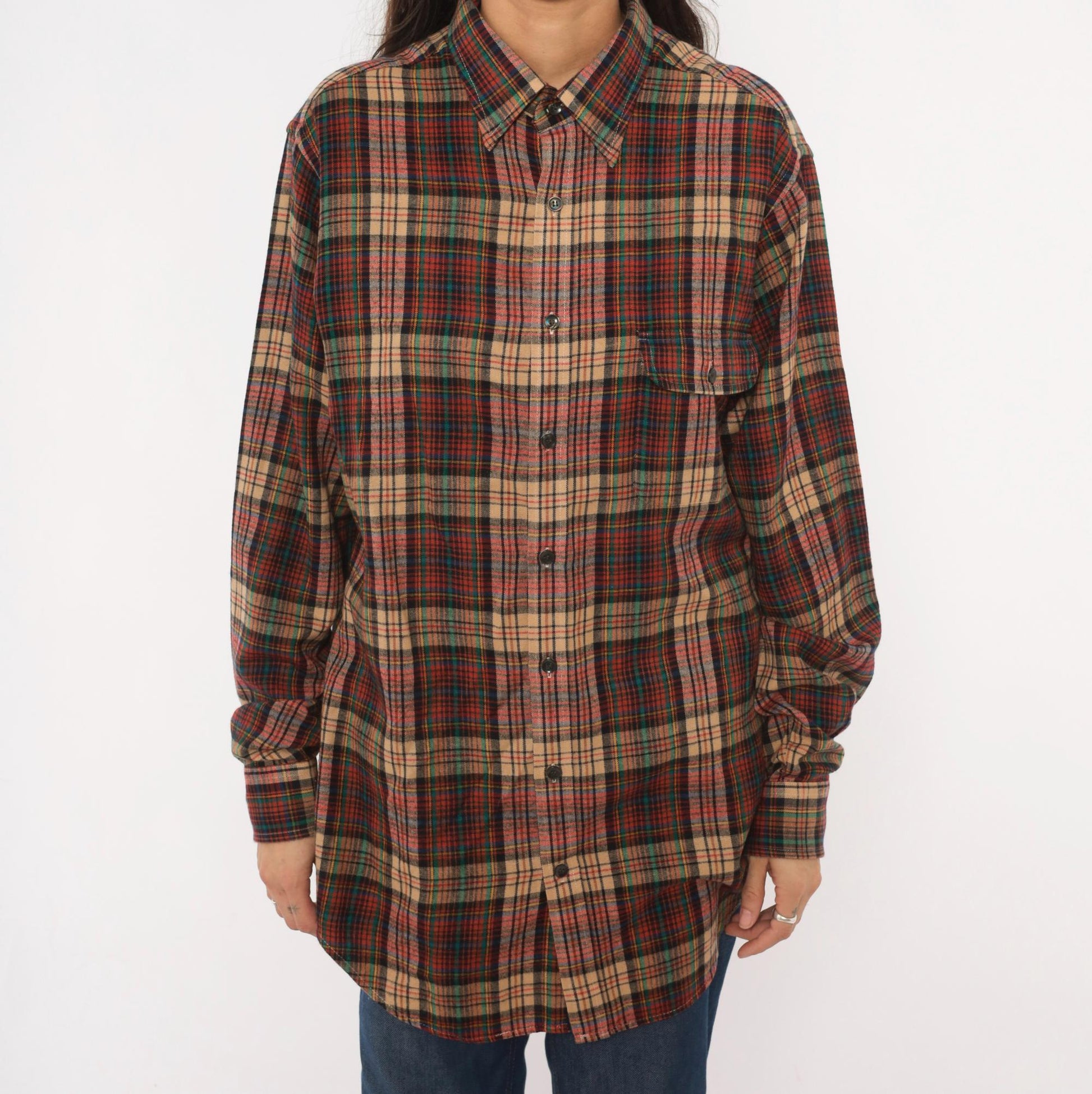 90s Enro Sportswear Plaid Flannel Shirt Burgundy Green Tartan Button-Up Large Tall