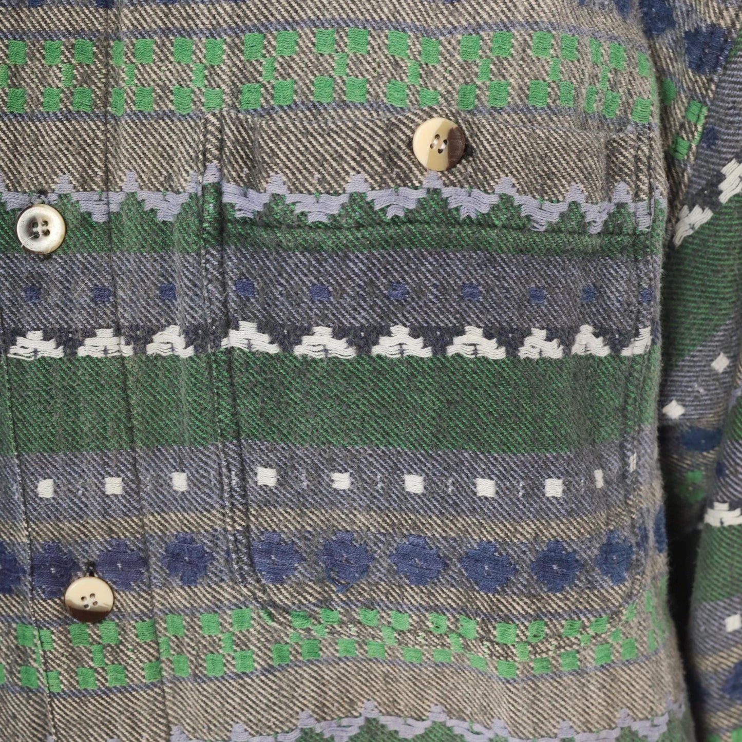 90s Point Zero Geometric Flannel Shirt Green Navy Jacquard Folk Pattern Medium