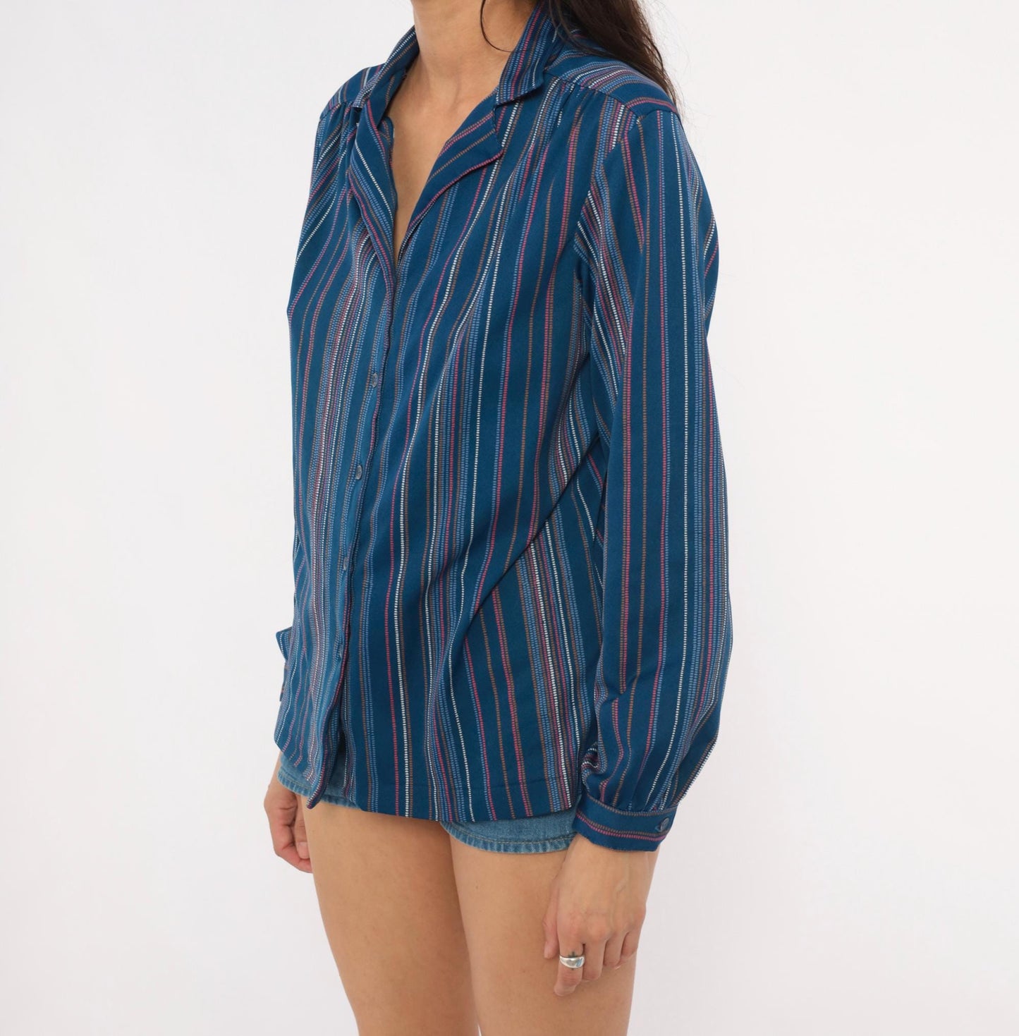 70s Sears Striped Button-Front Blouse Cobalt Blue Pink Pinstripe Medium