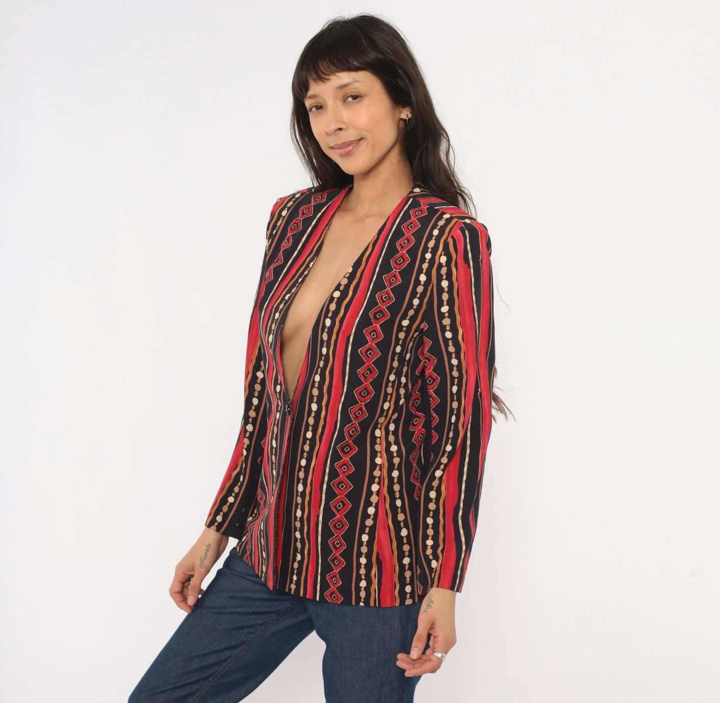90s Southern Lady Tribal Stripe Blazer Collarless Geometric Black Small