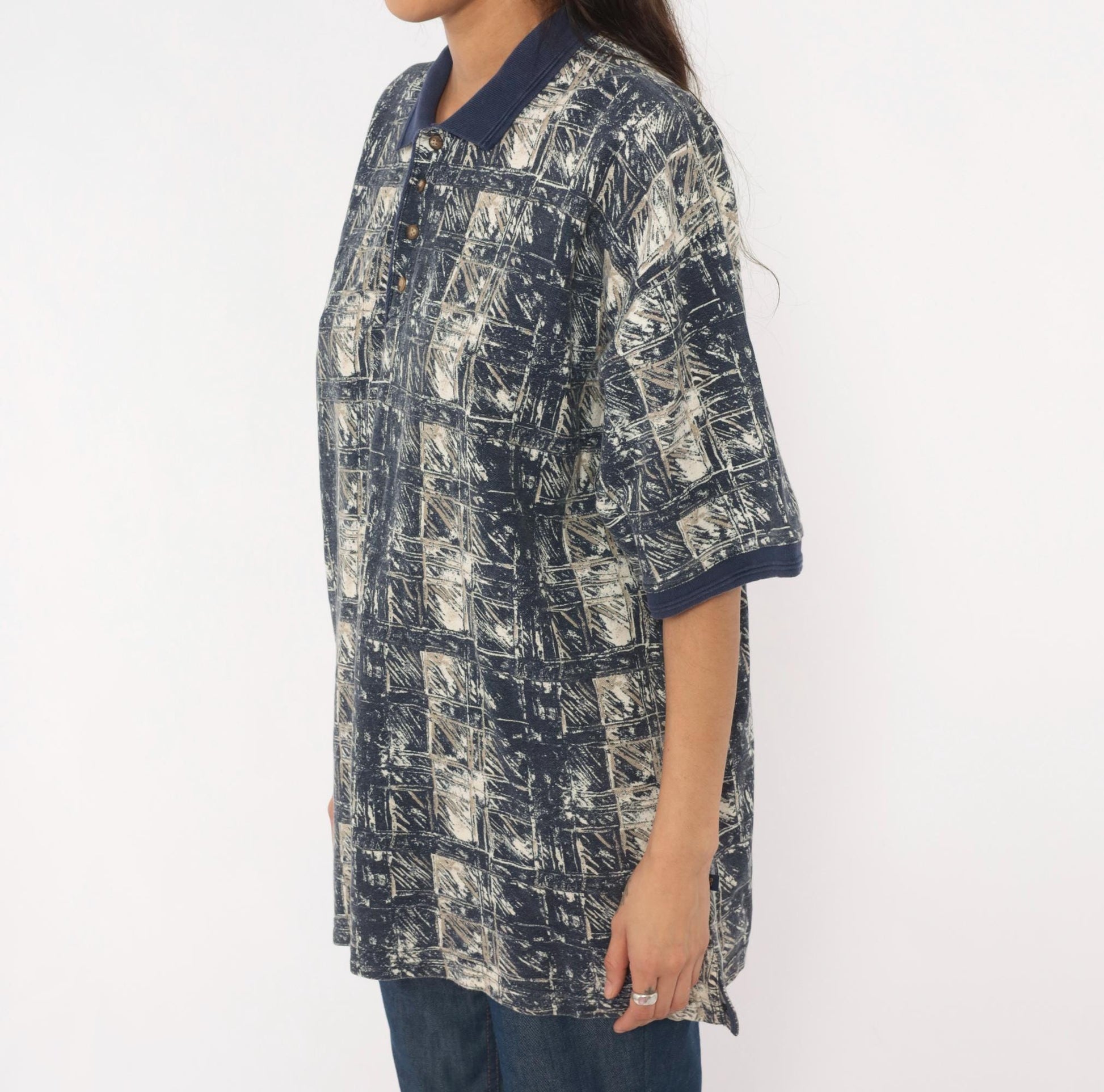 90s DB Classico Polo Navy Tan Abstract Brushstroke Cotton Shirt Large L