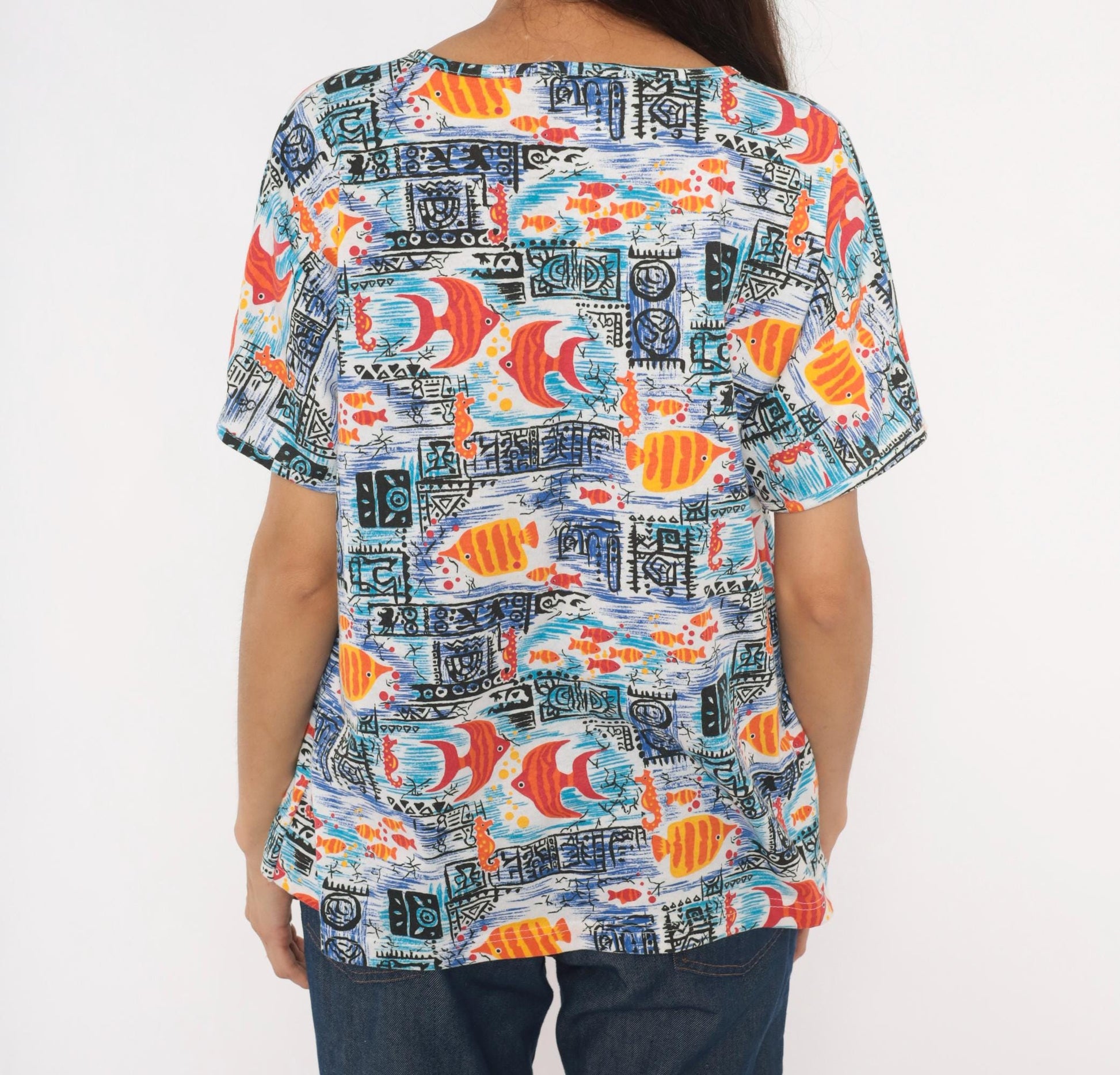 90s Barnett Tropical Fish Print Cotton Tee V-Neck Angelfish Seahorse Blue Orange Large L