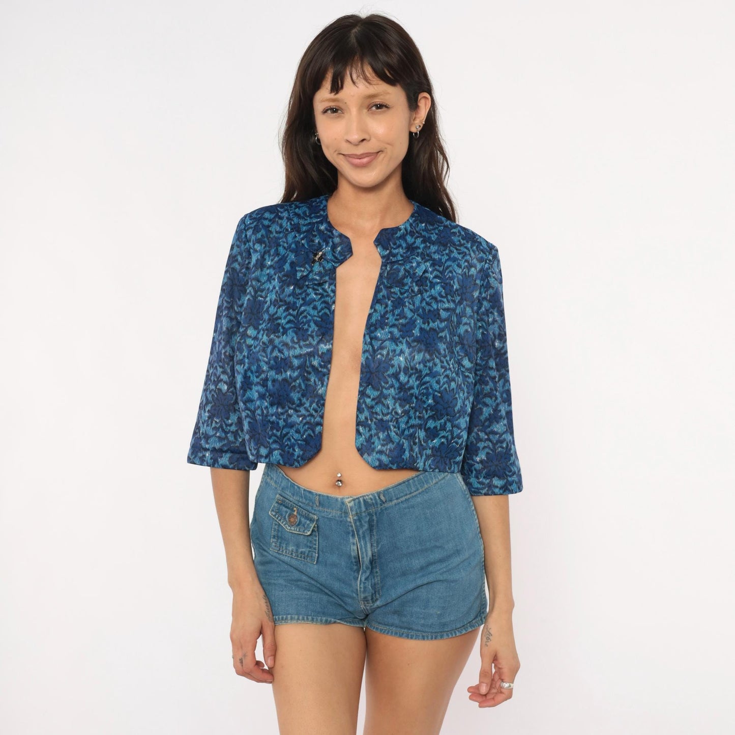 60s Cobalt Jacquard Bolero Jacket Floral Damask Three Quarter Sleeve Medium M