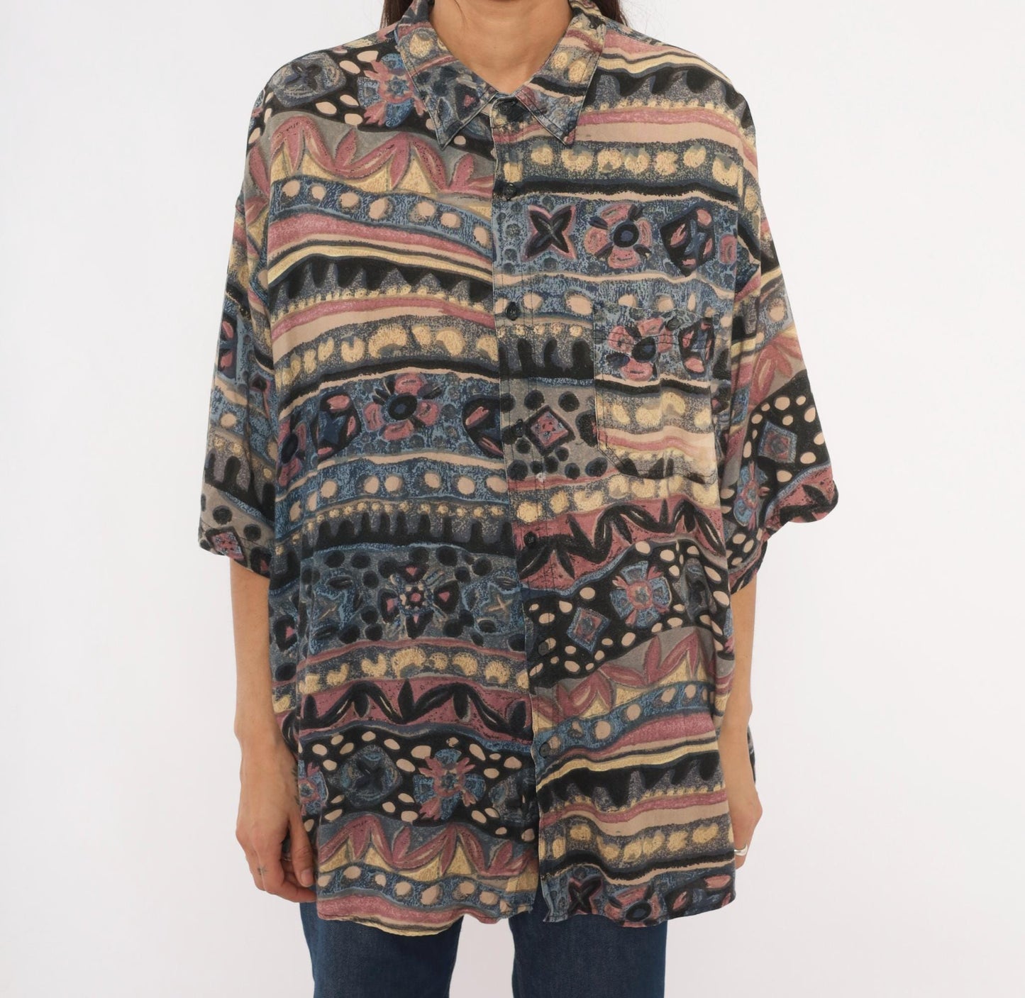 90s Hey Man Style Tribal Abstract Shirt Rayon Boxy Large L